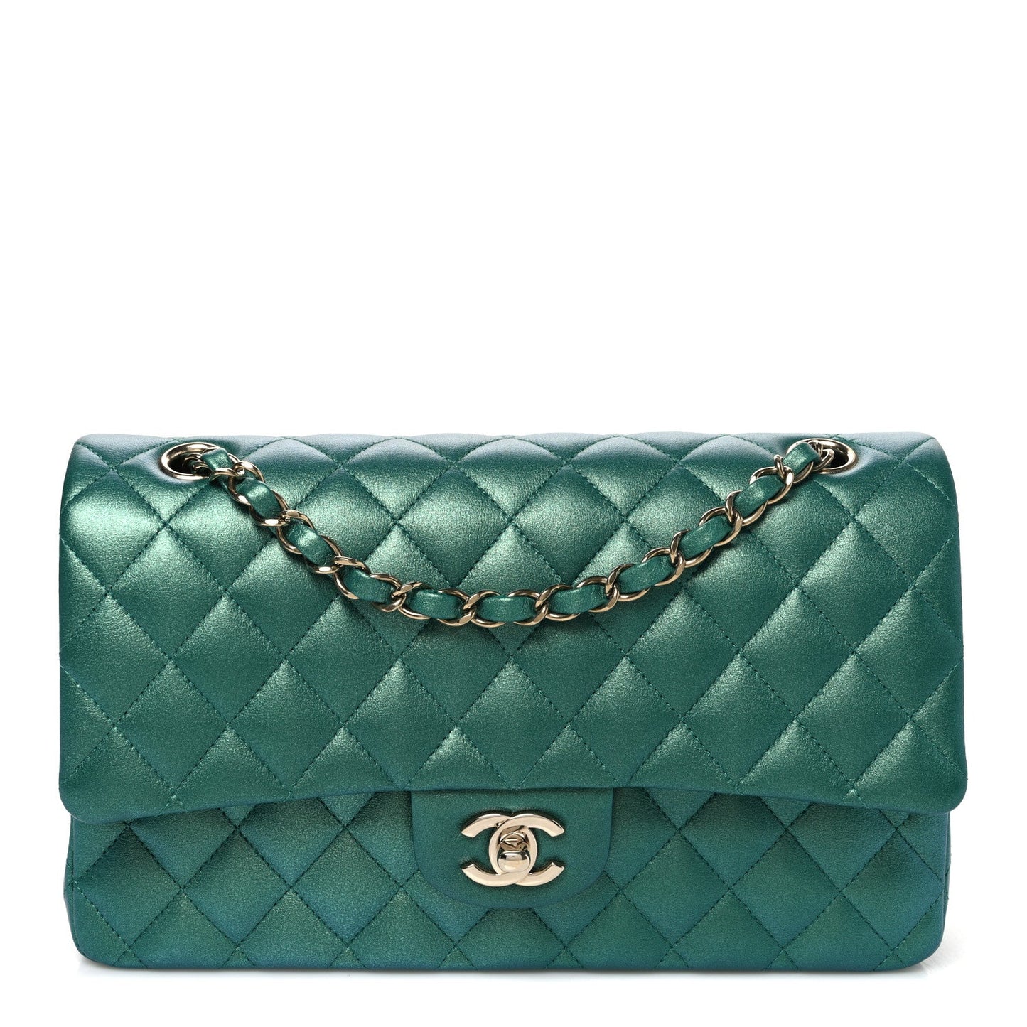 Iridescent Calfskin Quilted Medium Double Flap Green