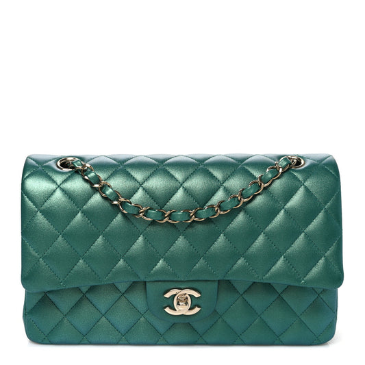 Iridescent Calfskin Quilted Medium Double Flap Green