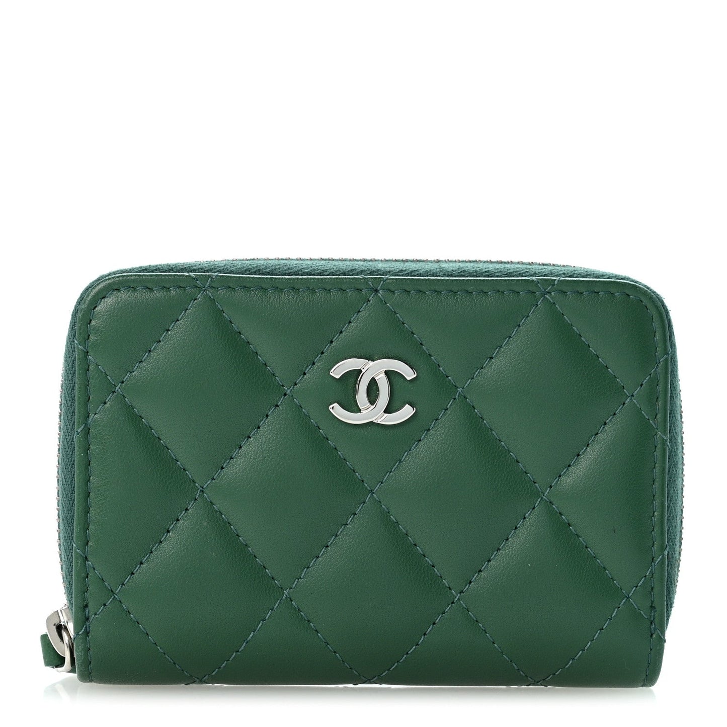 Lambskin Quilted Zip Around Coin Purse Wallet Green