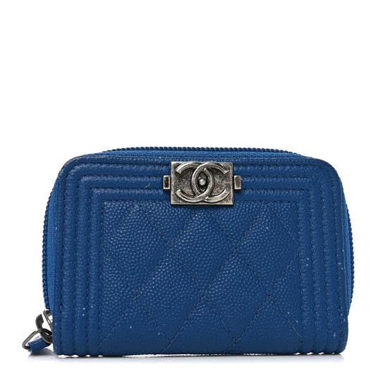 Caviar Quilted Boy Zip Around Coin Purse Wallet Blue