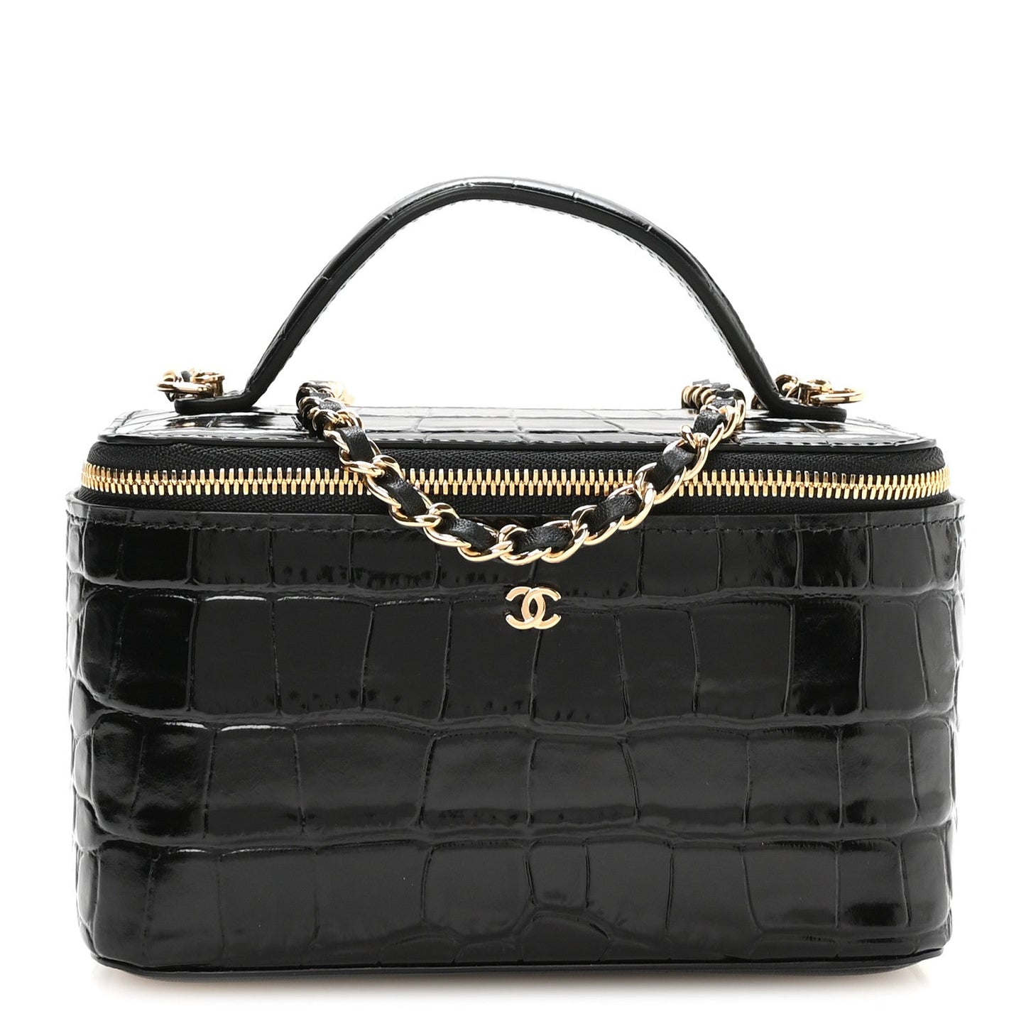 Calfskin Crocodile Embossed Exoticoco Small Top Handle Vanity Case With Chain Black