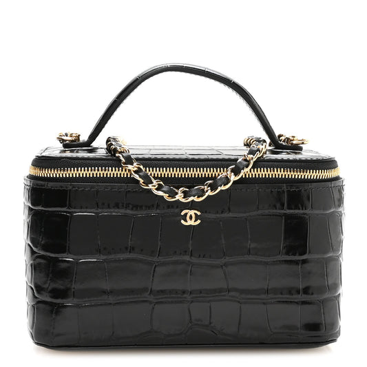 Calfskin Crocodile Embossed Exoticoco Small Top Handle Vanity Case With Chain Black