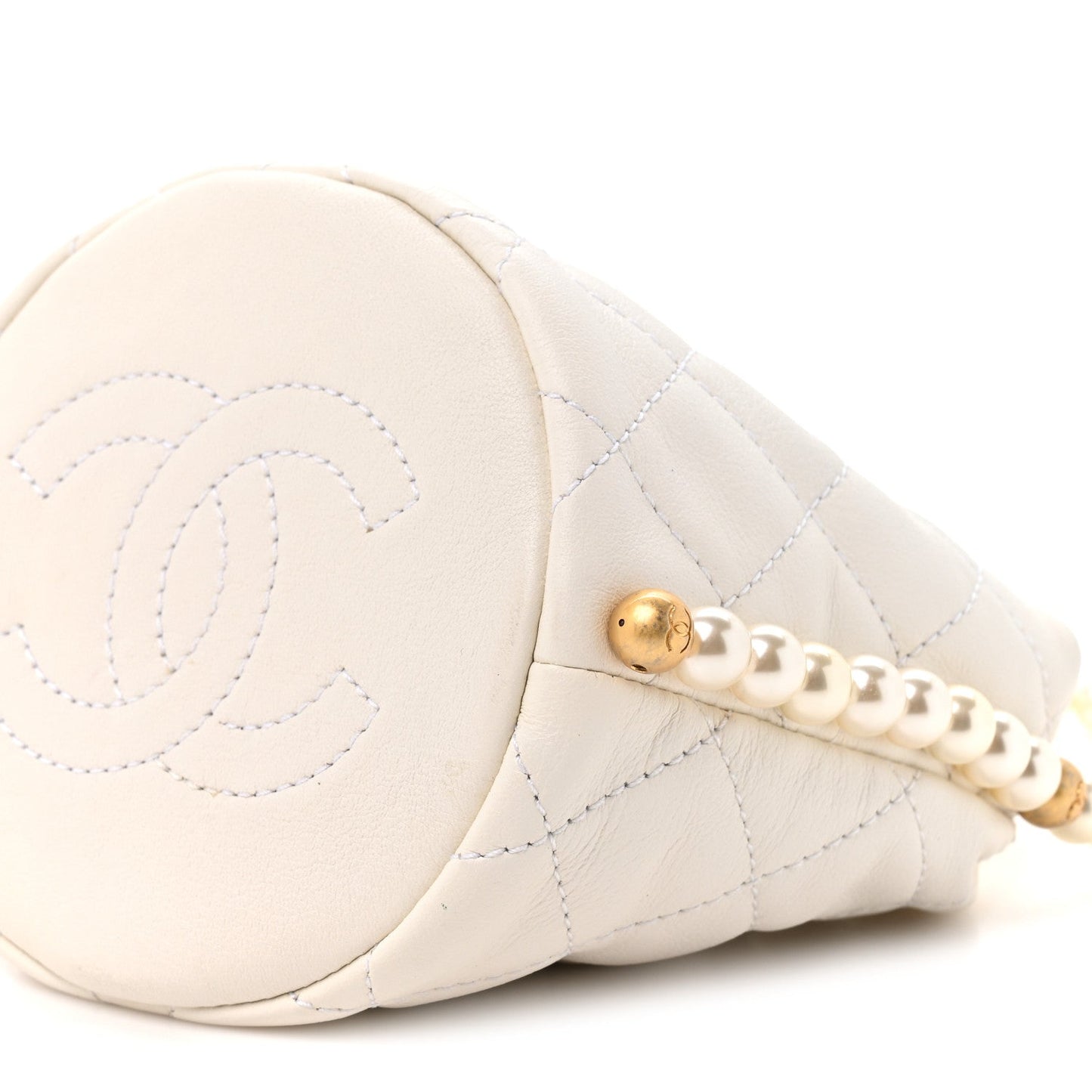 Calfskin Quilted Pearl Mini About Pearls Drawstring Bucket Bag White