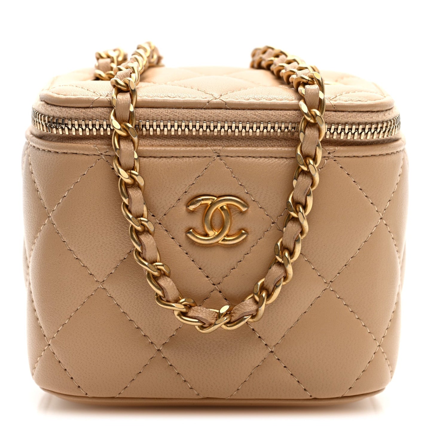 Lambskin Quilted Pearl Crush Mini Vanity Case With Chain Beige