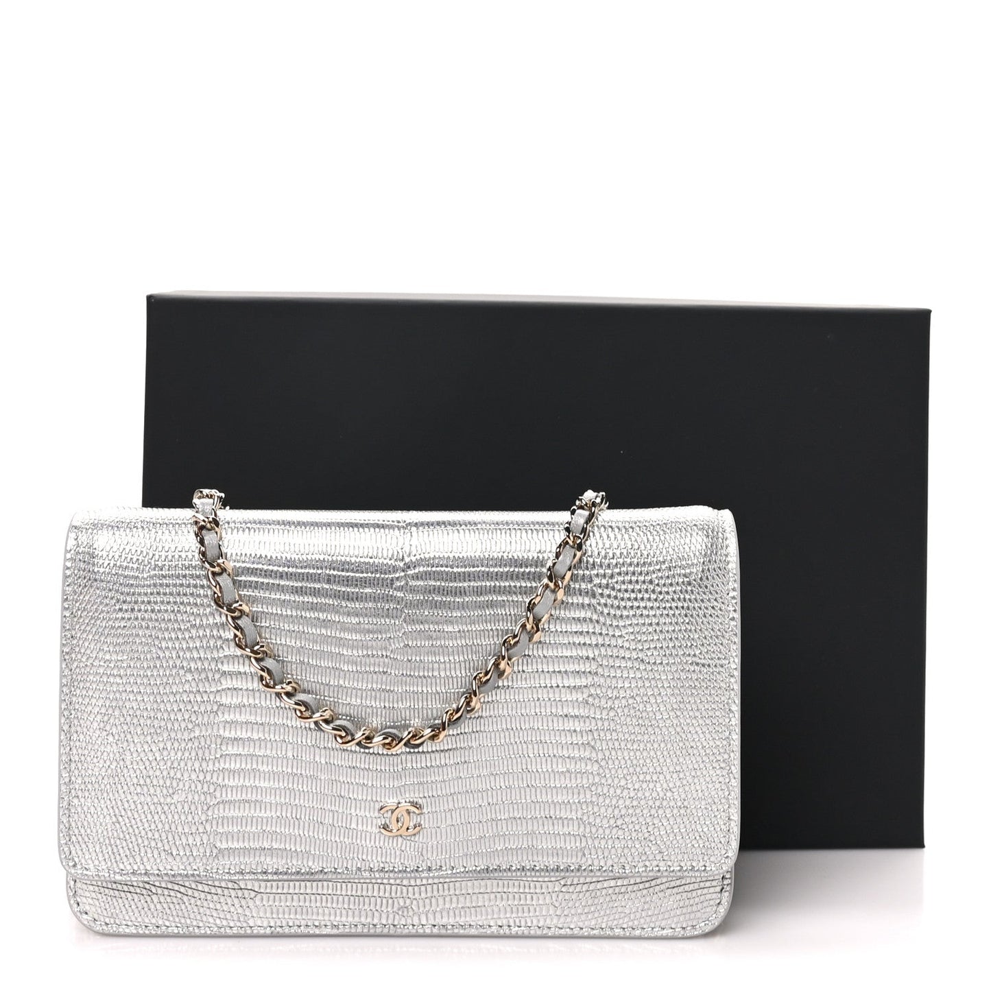 Calfskin Lizard Embossed Wallet on Chain WOC Silver