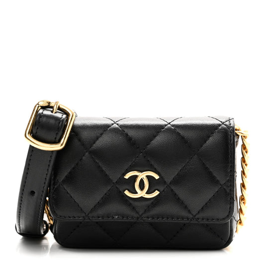 Lambskin Quilted Enamel Mini Belt Bag Black