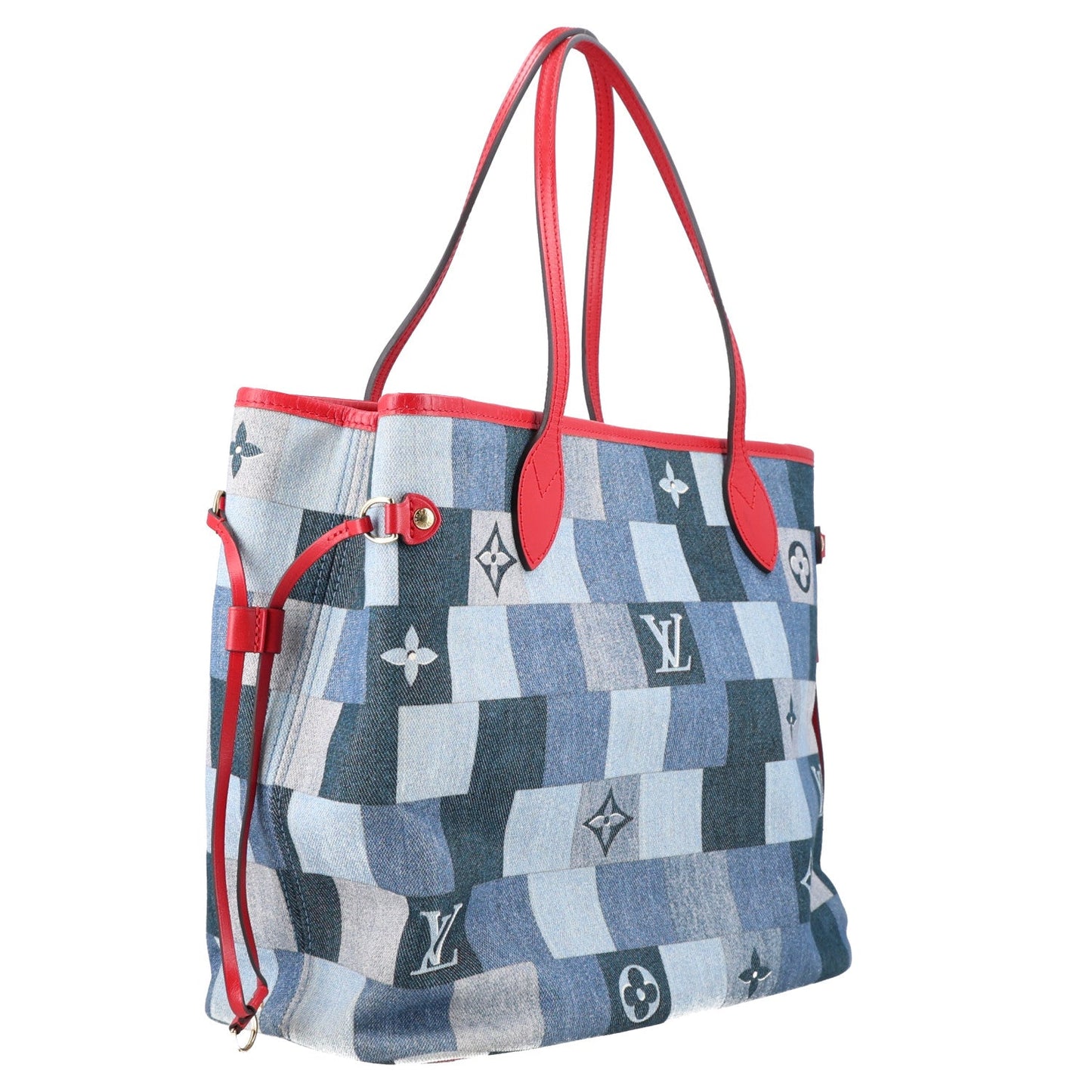 Denim Damier Monogram Patchwork Neverfull Blue Rouge