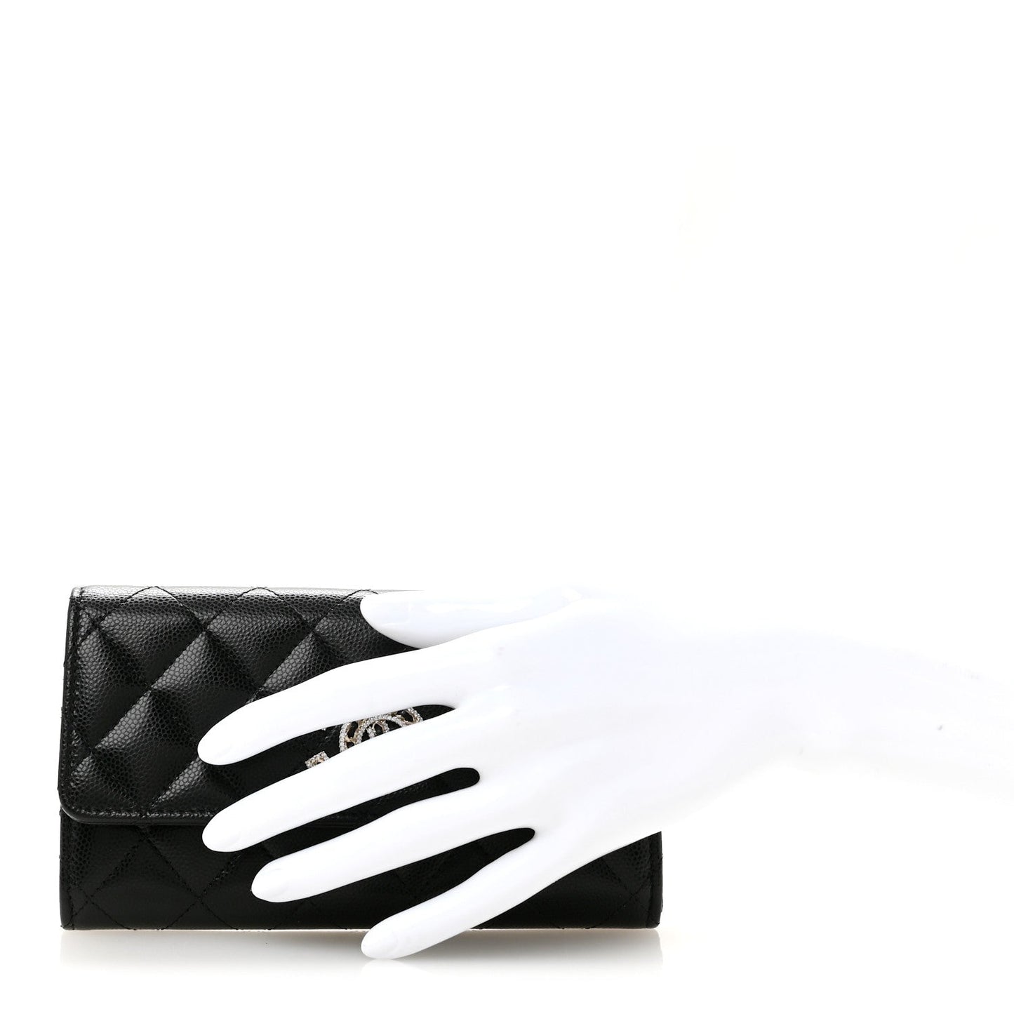 Caviar Quilted Crystal CC Large Gusset Flap Wallet Black