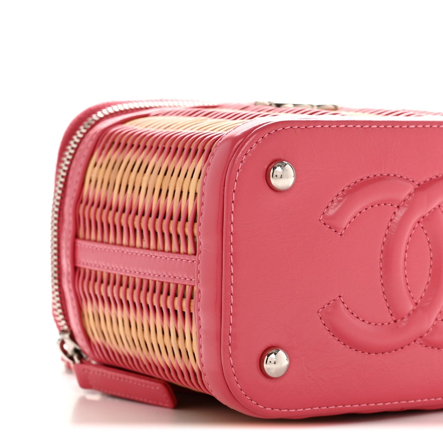 Calfskin Raffia Small Take Away Vanity Case Bag Pink Beige