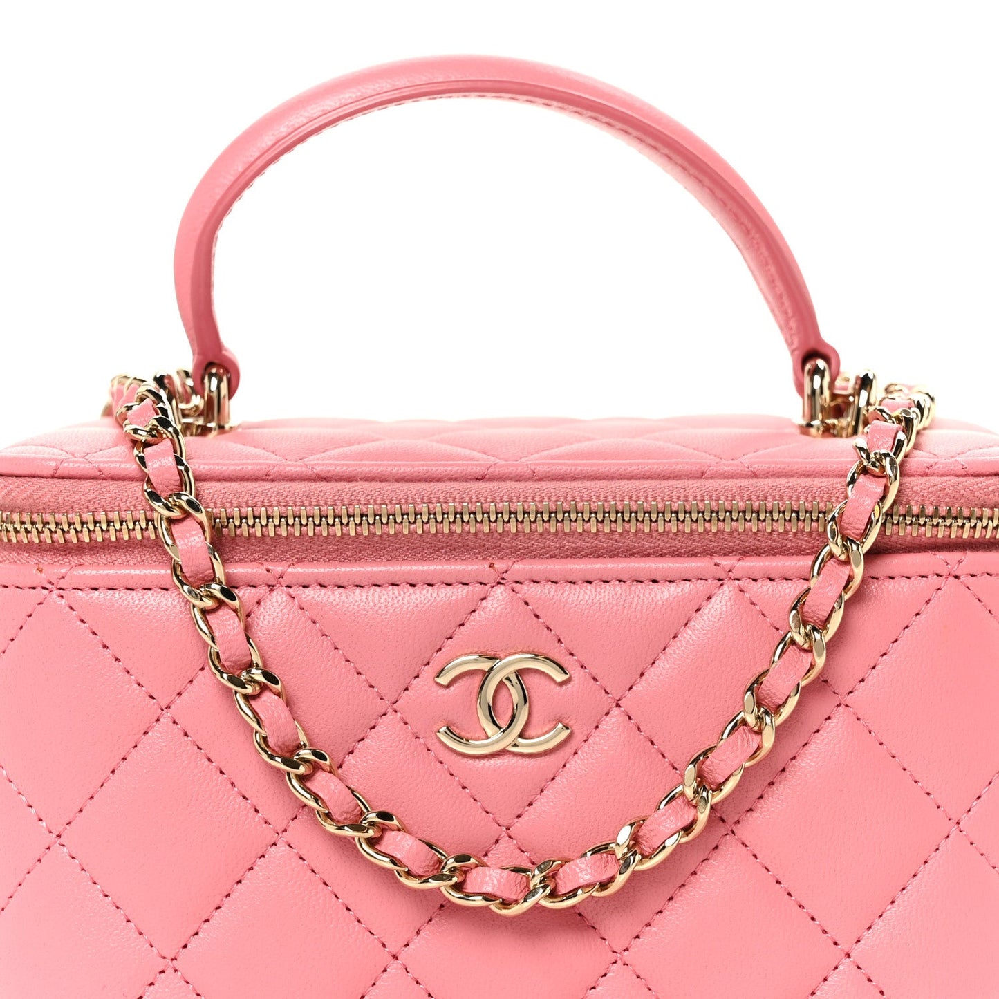 Lambskin Quilted Small Top Handle Vanity Case With Chain Pink