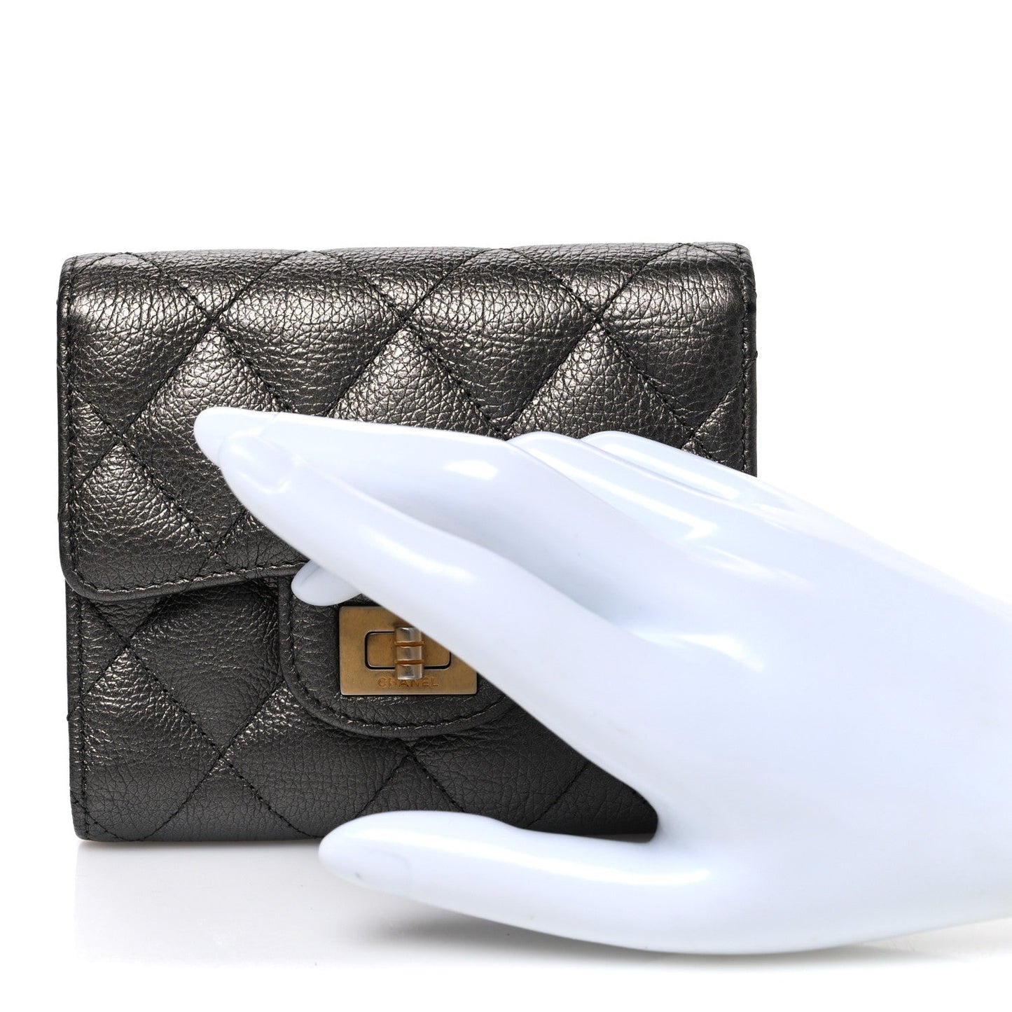 Metallic Calfskin Quilted Reissue Flap Card Holder Wallet Dark Grey