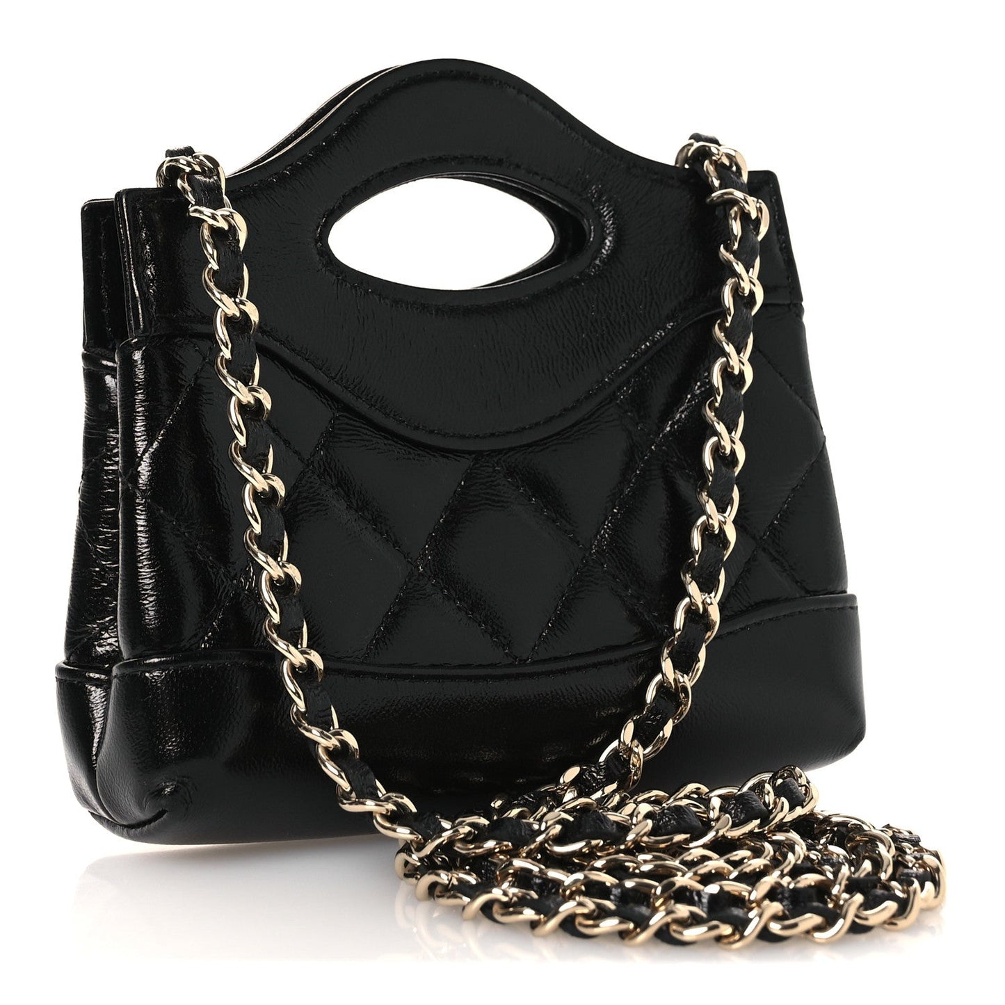 Shiny Lambskin Quilted Micro 31 Clutch With Chain Black