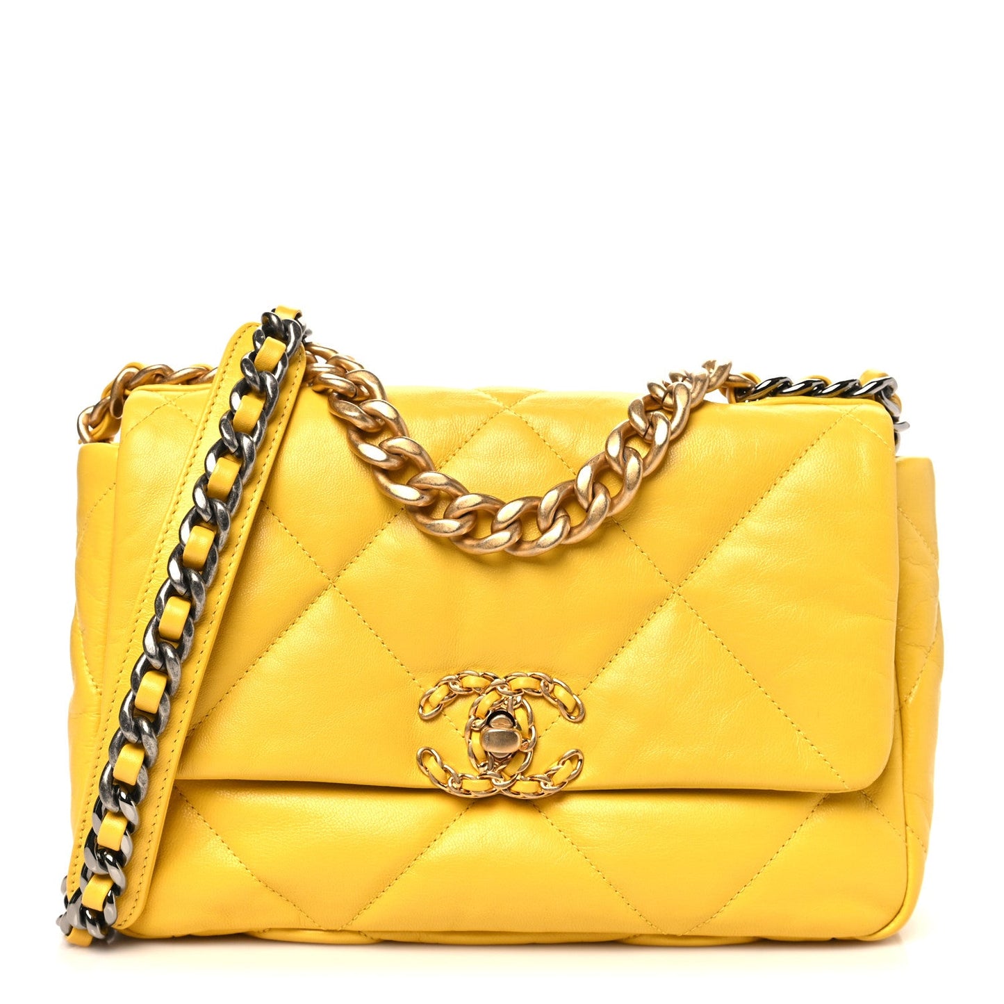 Shiny Goatskin Quilted Medium Chanel 19 Flap Yellow
