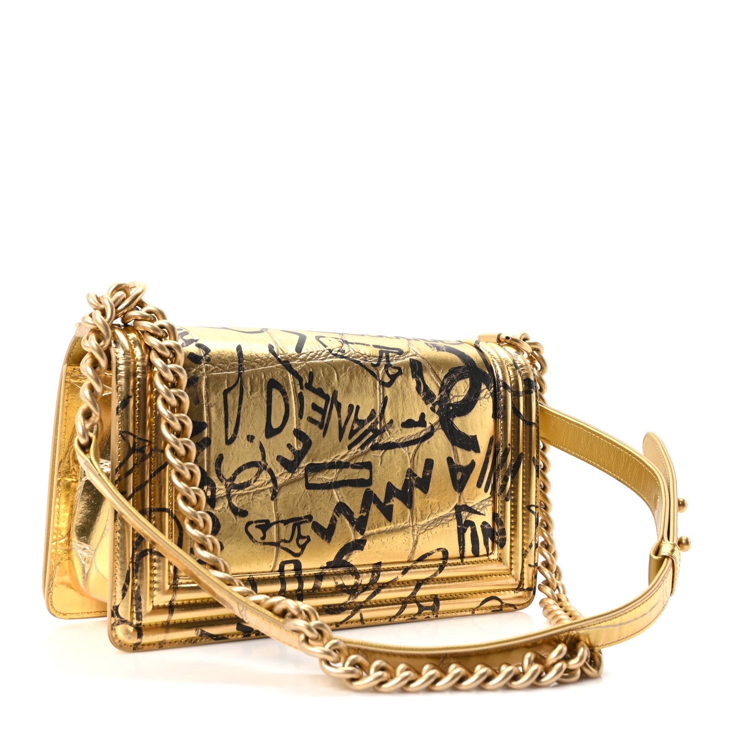 Metallic Calfskin Crocodile Embossed Graffiti Medium Cocodile Boy Flap Gold
