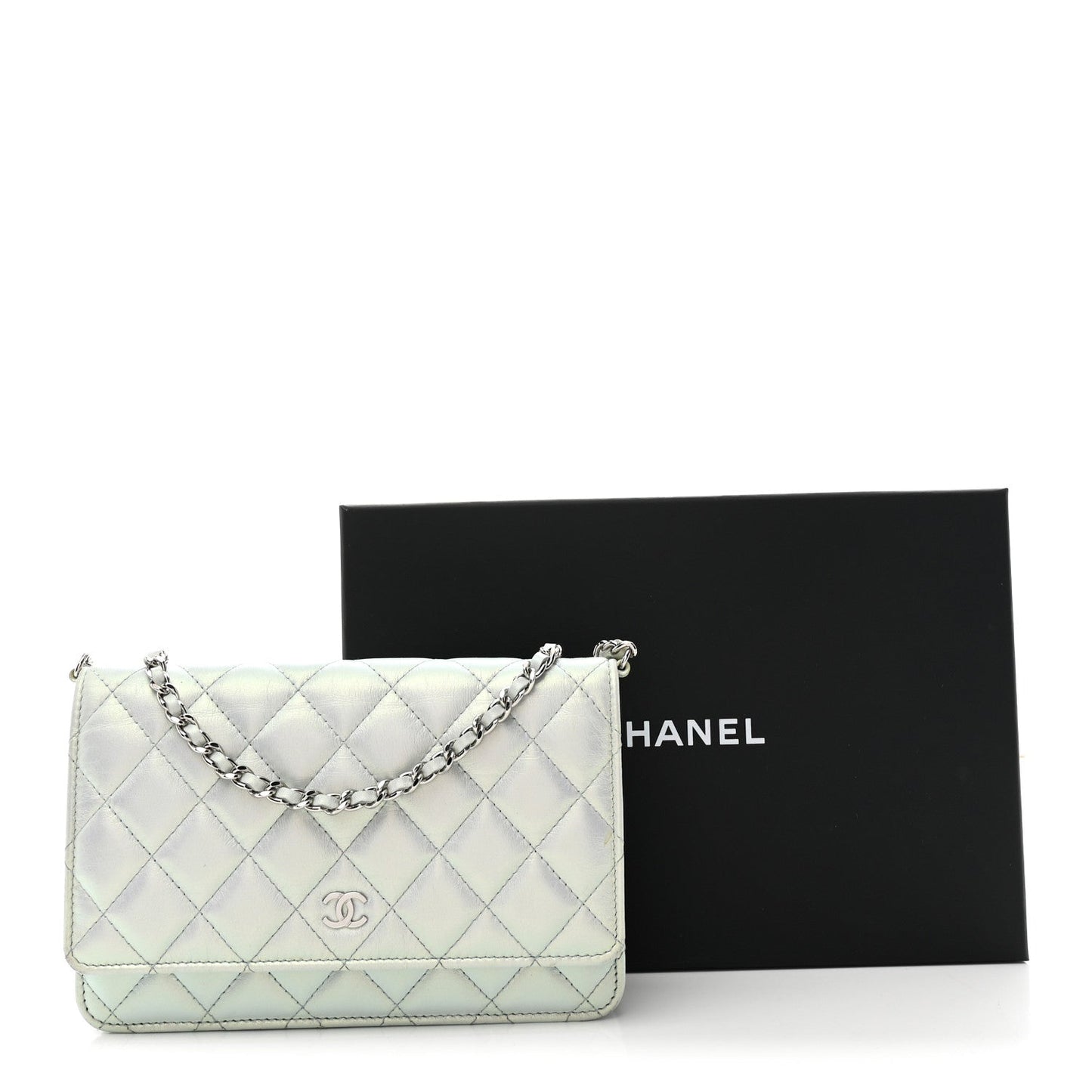 Iridescent Calfskin Quilted Wallet On Chain WOC Light Blue