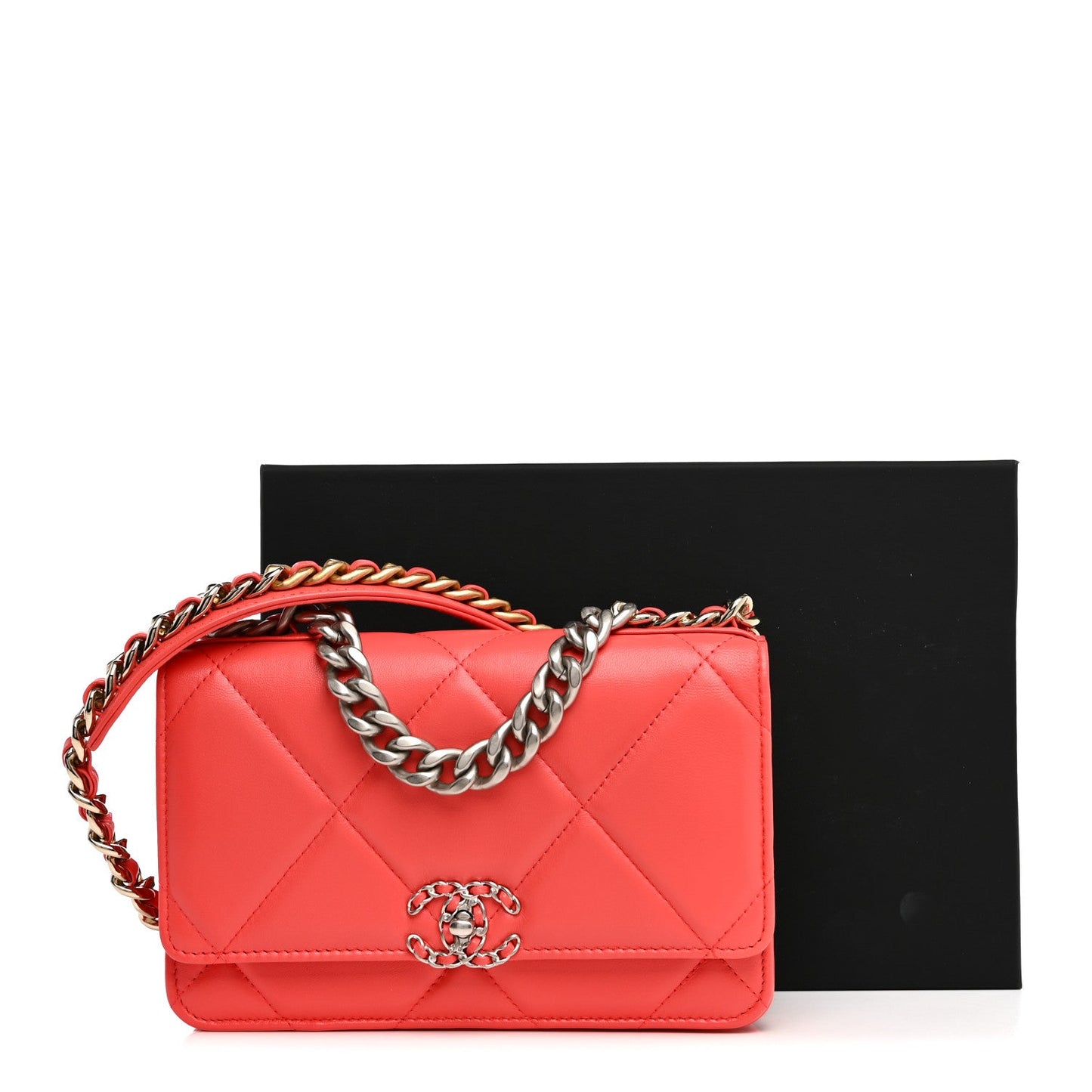 Lambskin Quilted Chanel 19 Wallet On Chain WOC Coral