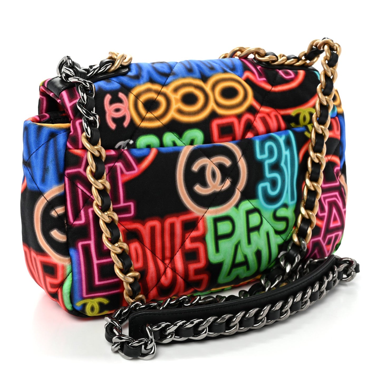 Fabric Quilted Neon Graffiti Medium Chanel 19 Flap Black Multicolor