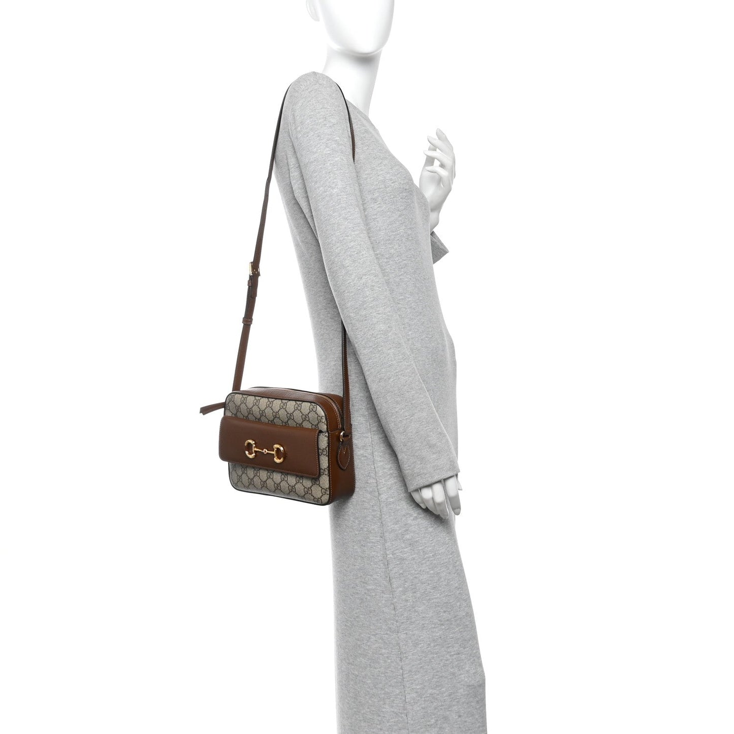 GG Supreme Monogram Small Horsebit 1955 Shoulder Bag Beige Brown Sugar