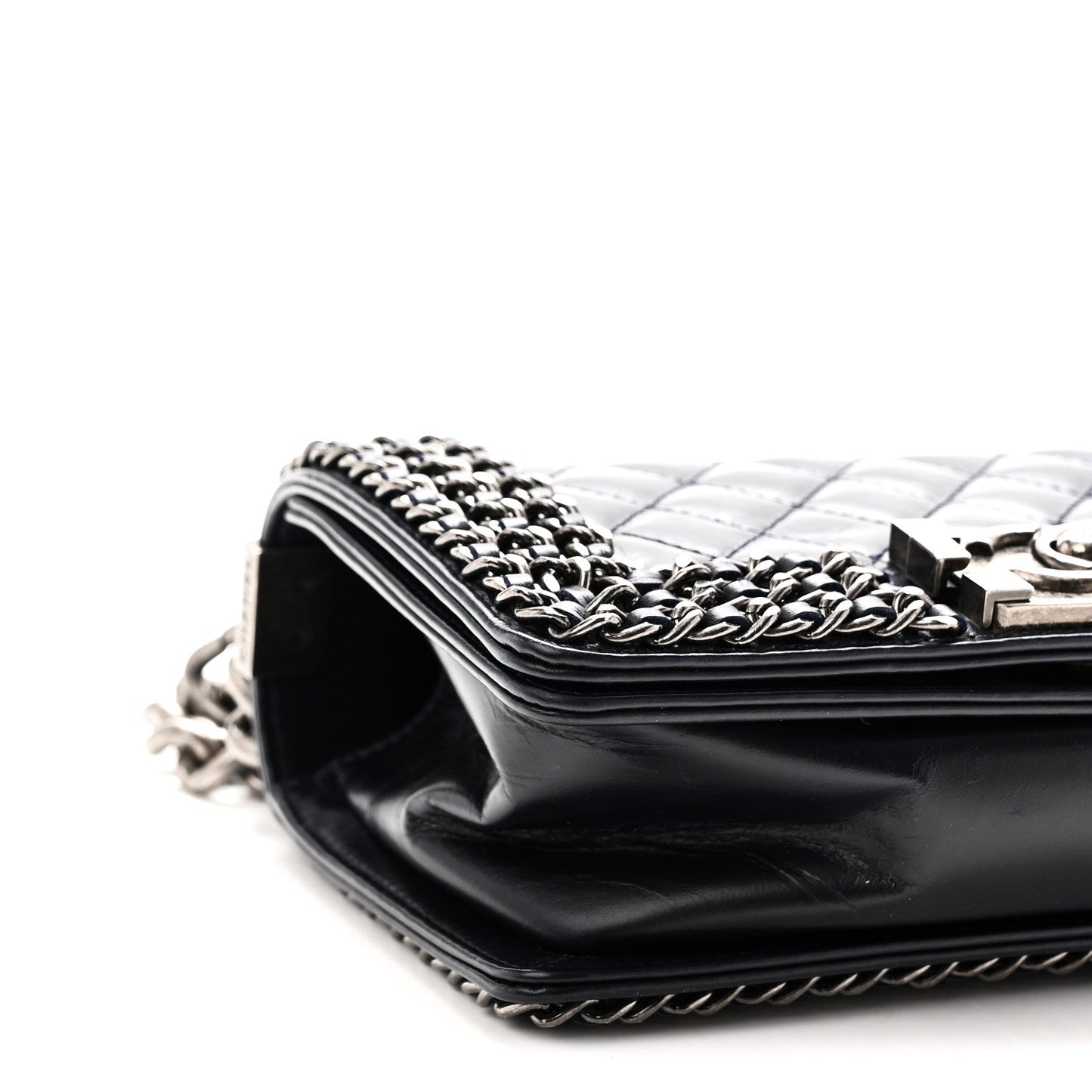 Glazed Calfskin Quilted Small Boy Chained Flap Navy