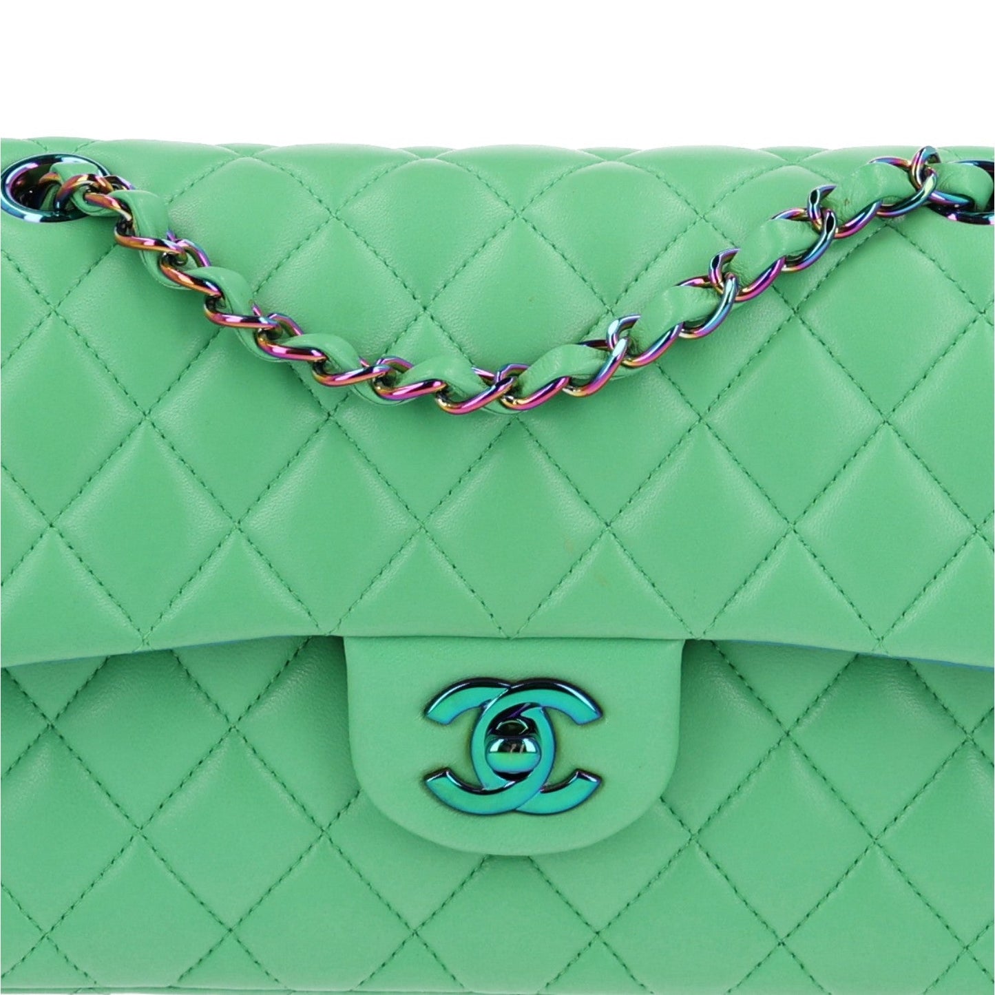 Lambskin Quilted Small Double Flap Green Blue