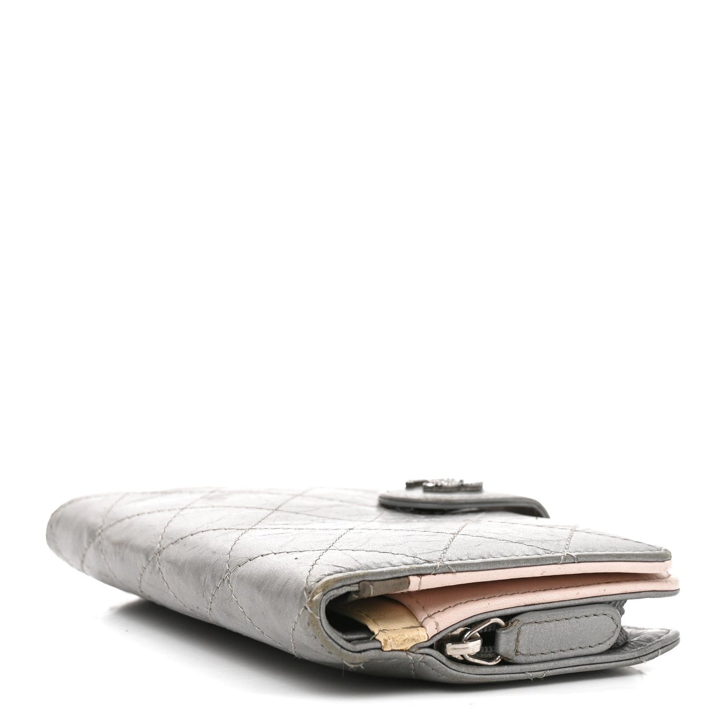 Metallic Aged Calfskin Quilted Palette Flap Wallet Silver