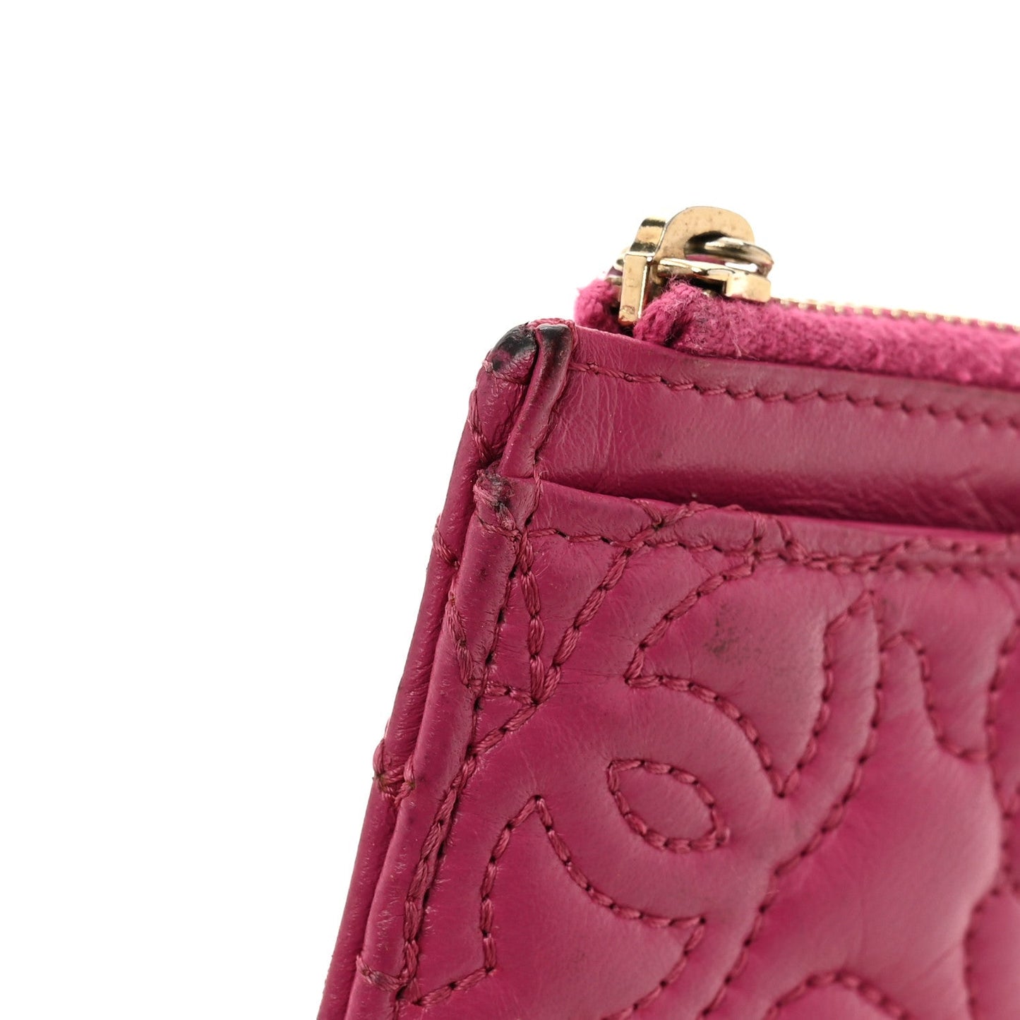 Lambskin Camellia Embossed Classic Zip Pouch Pink