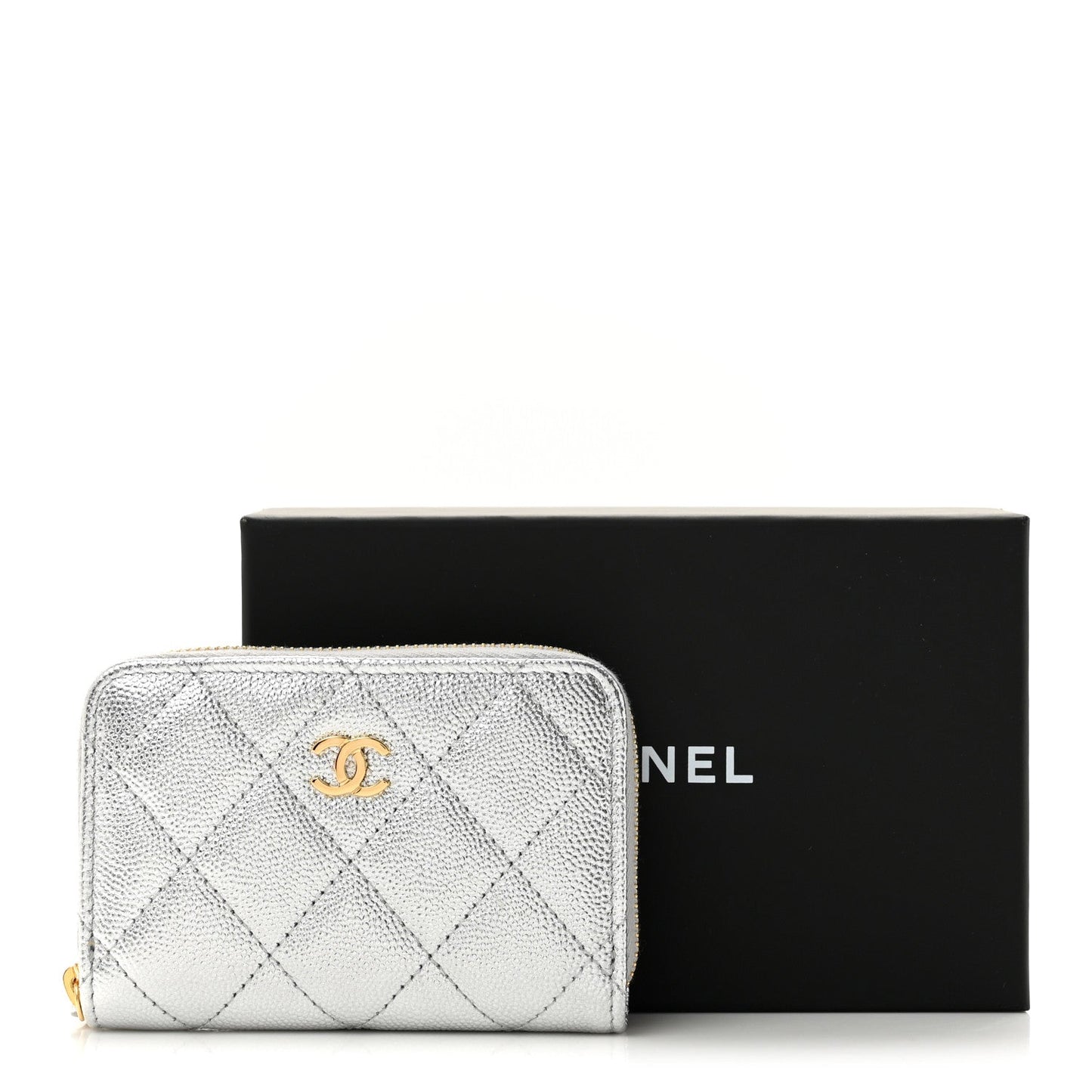 Metallic Caviar Quilted Zip Coin Purse Silver