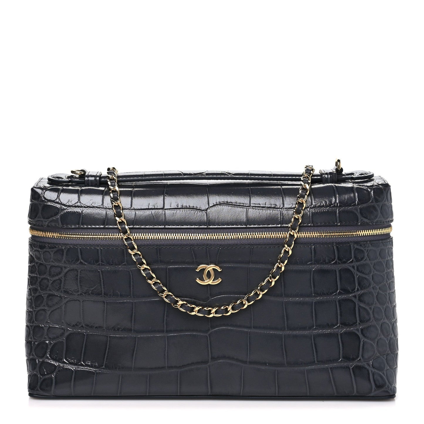 Calfskin Crocodile Embossed Large Supple Trapeze Vanity With Chain Grey
