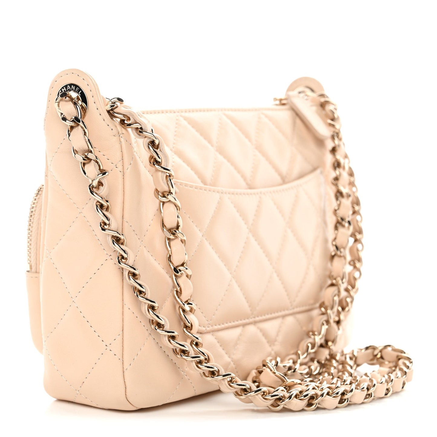 Shiny Crumpled Lambskin Quilted Small Preppy Pocket Clutch With Chain Beige