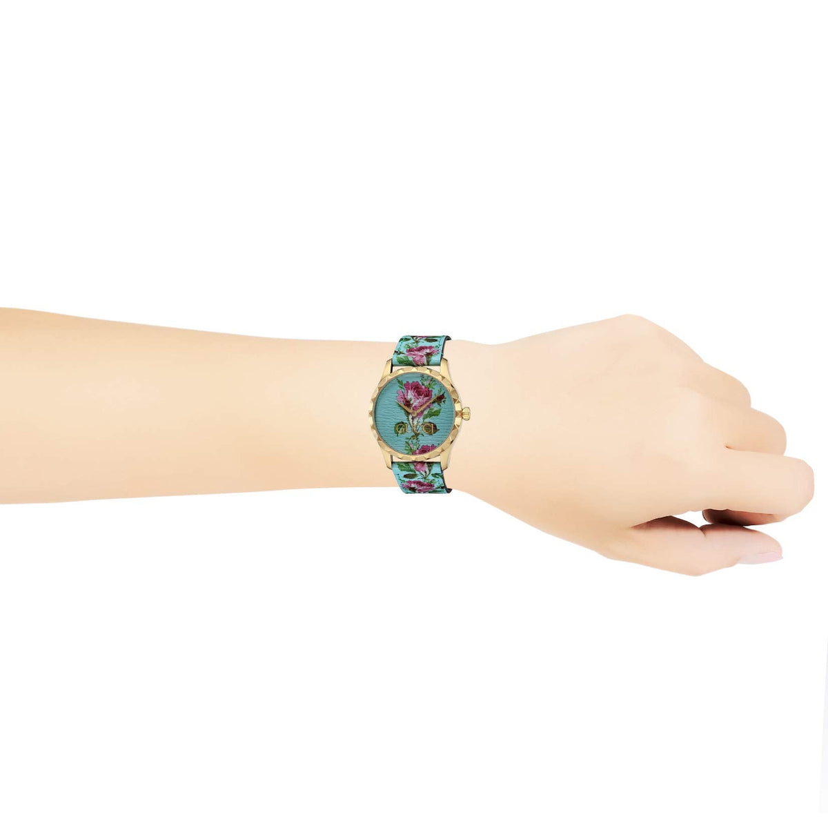 Gucci G Timeless Floral Turquoise Dial Turquoise Leather Strap Watch For Women - YA1264085