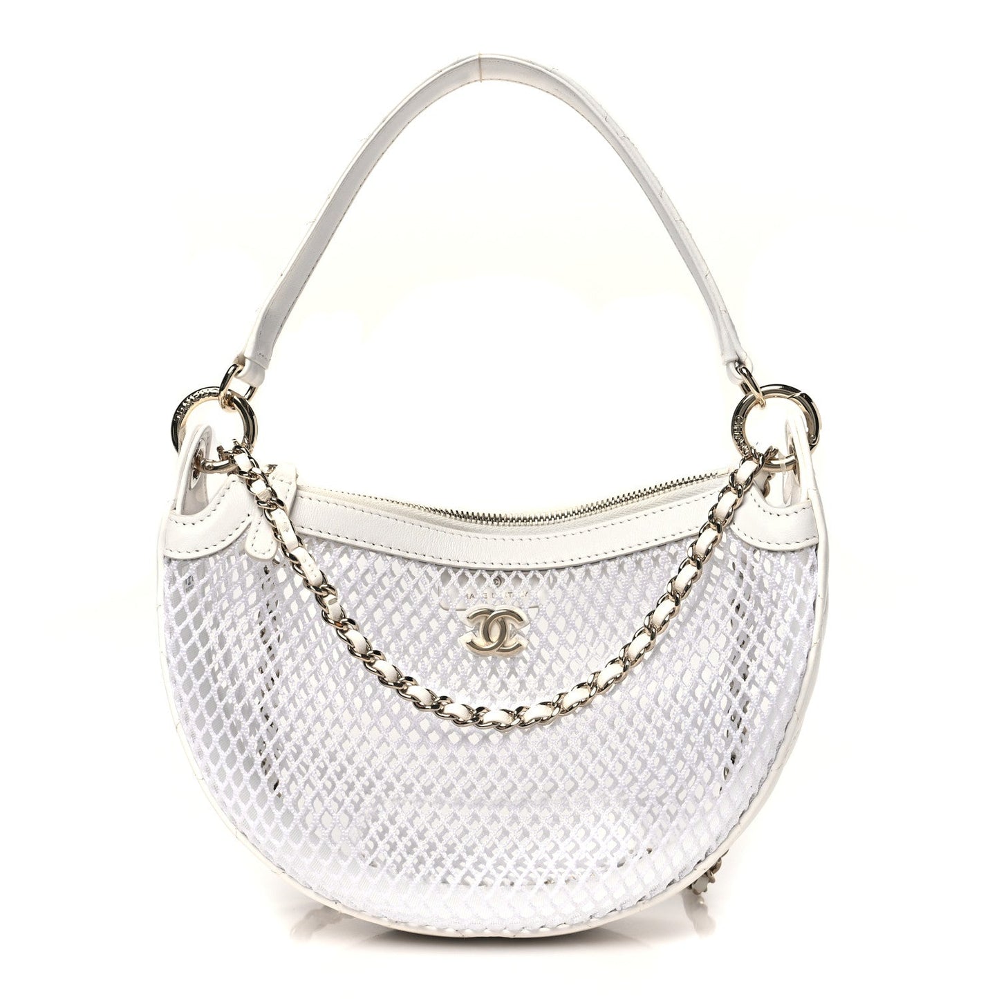 Mesh Shiny Lambskin Chain Hobo White