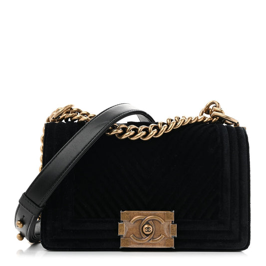 Velvet Chevron Quilted Small Boy Flap Black