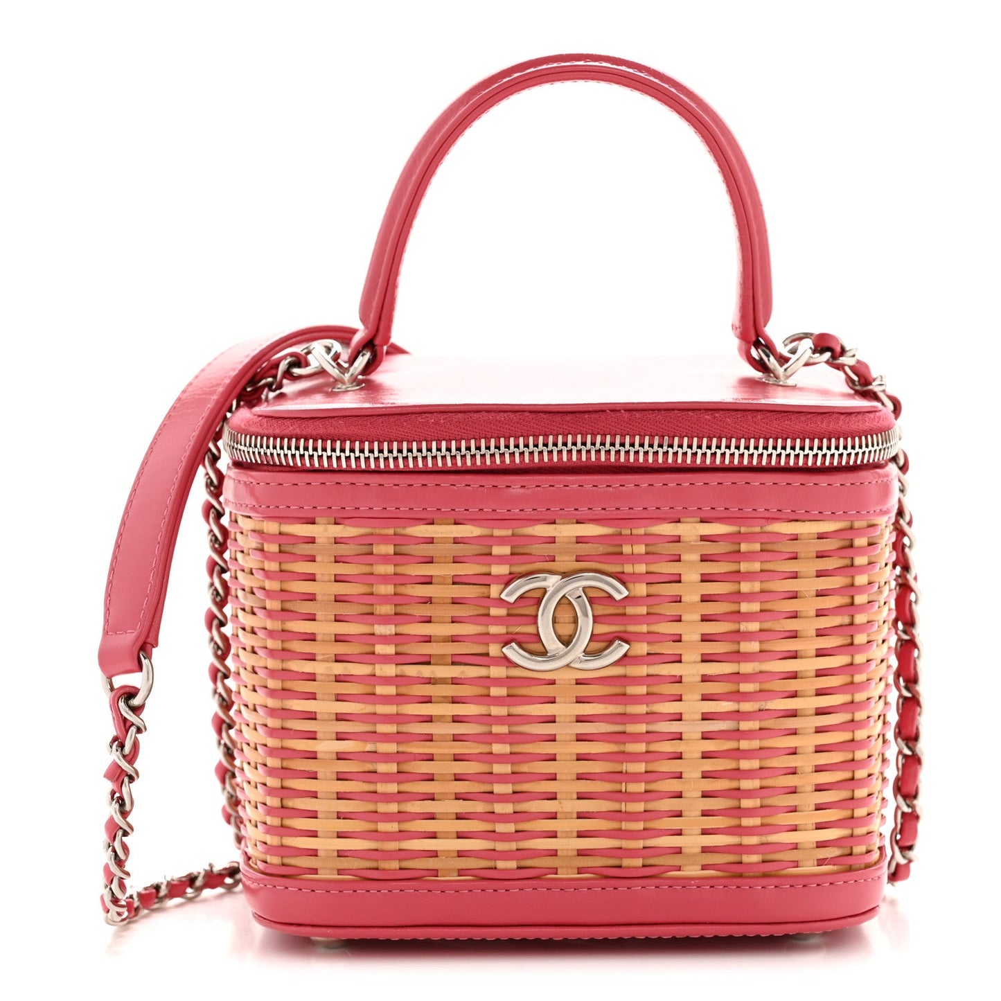 Calfskin Raffia Small Take Away Vanity Case Bag Pink Beige
