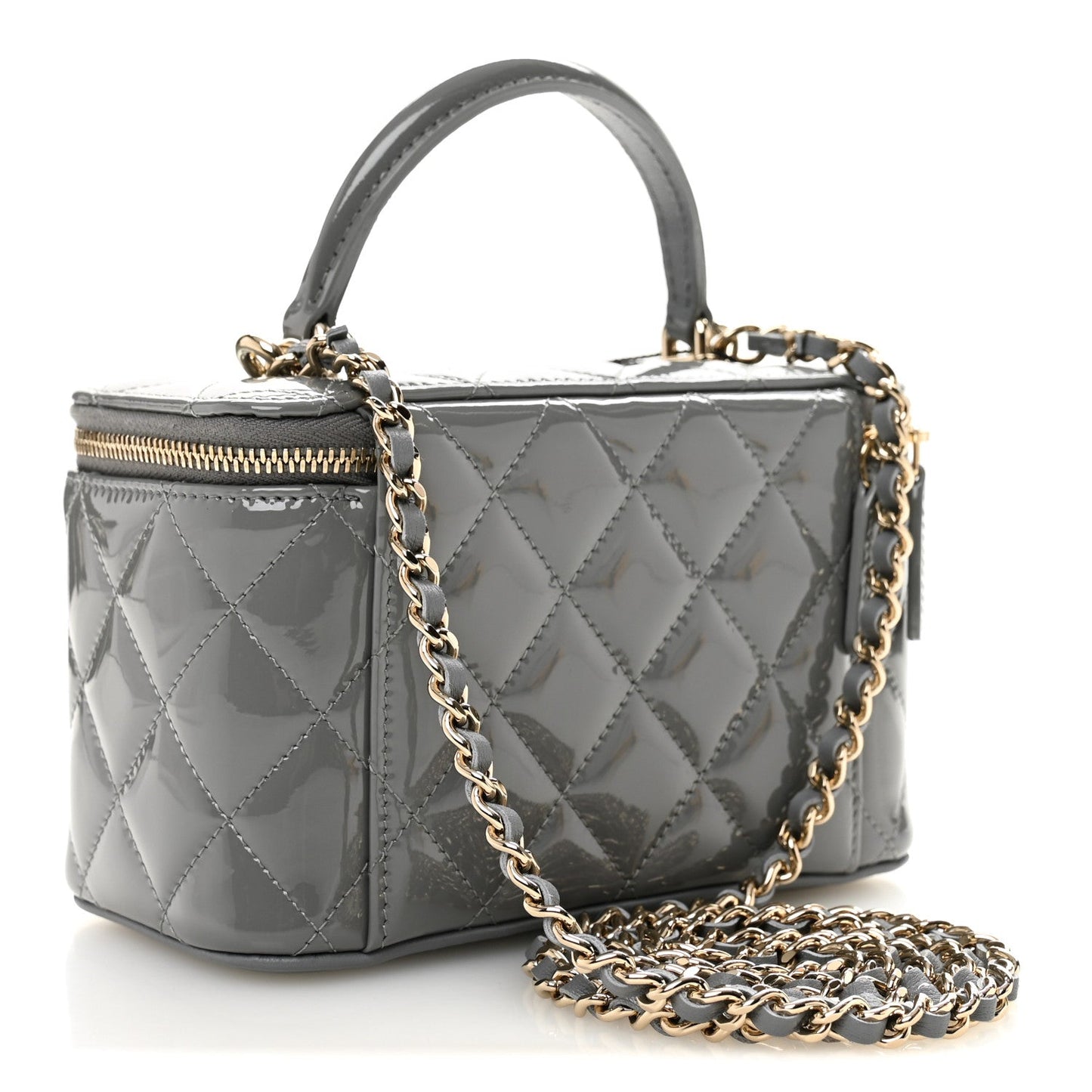 Patent Quilted Quilted Small Top Handle Vanity Case With Chain Grey