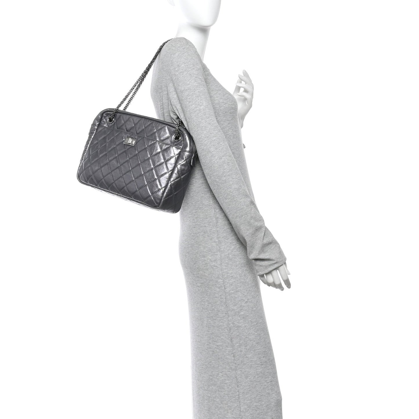 Metallic Aged Calfskin Quilted Large Reissue Camera Case Silver