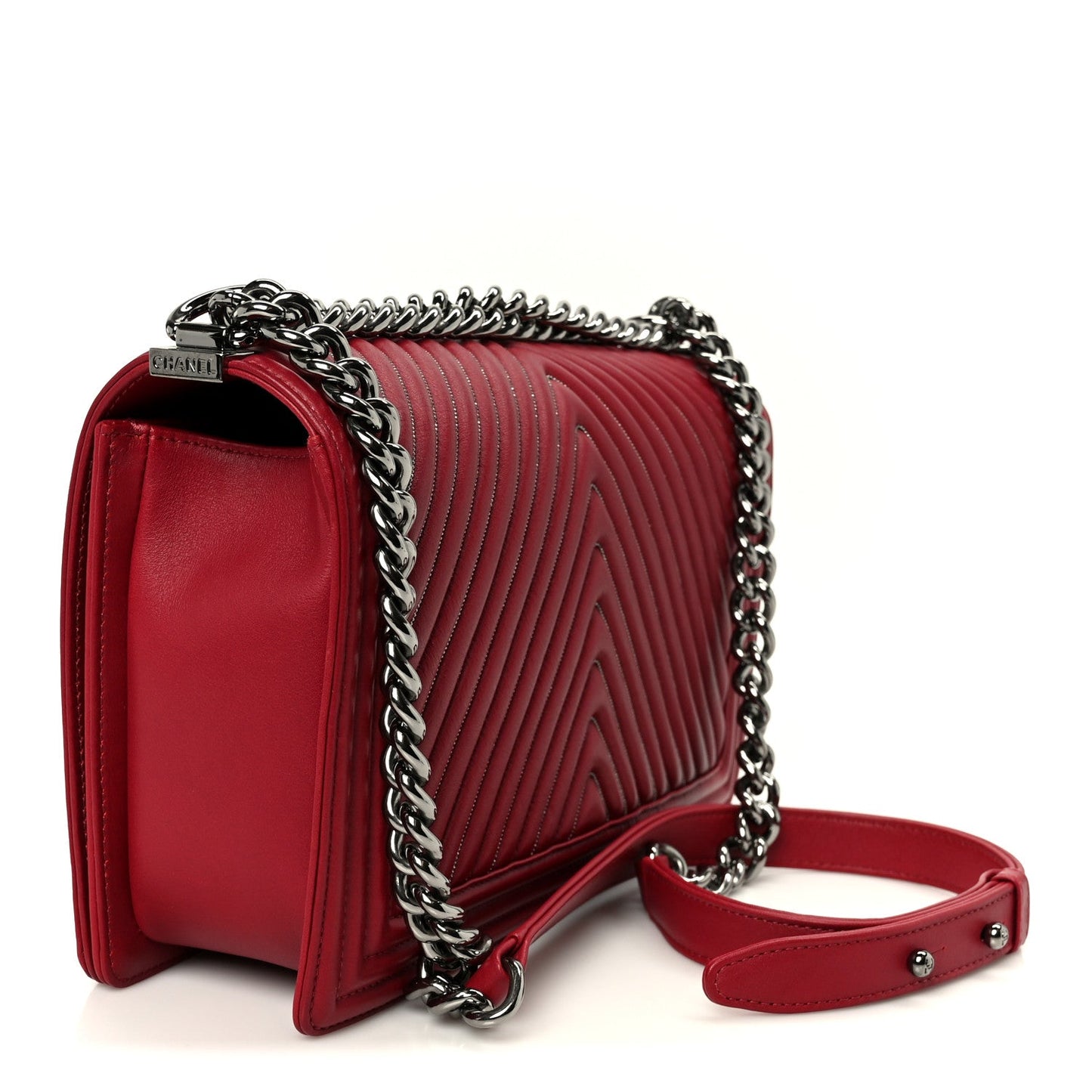 Calfskin Chevron Quilted New Medium Chain Boy Flap Red