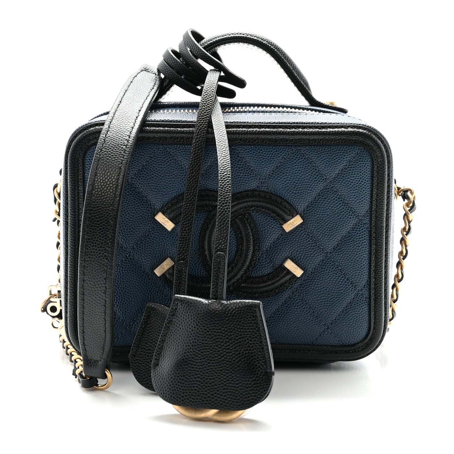 Caviar Quilted Small CC Filigree Vanity Case Navy Black