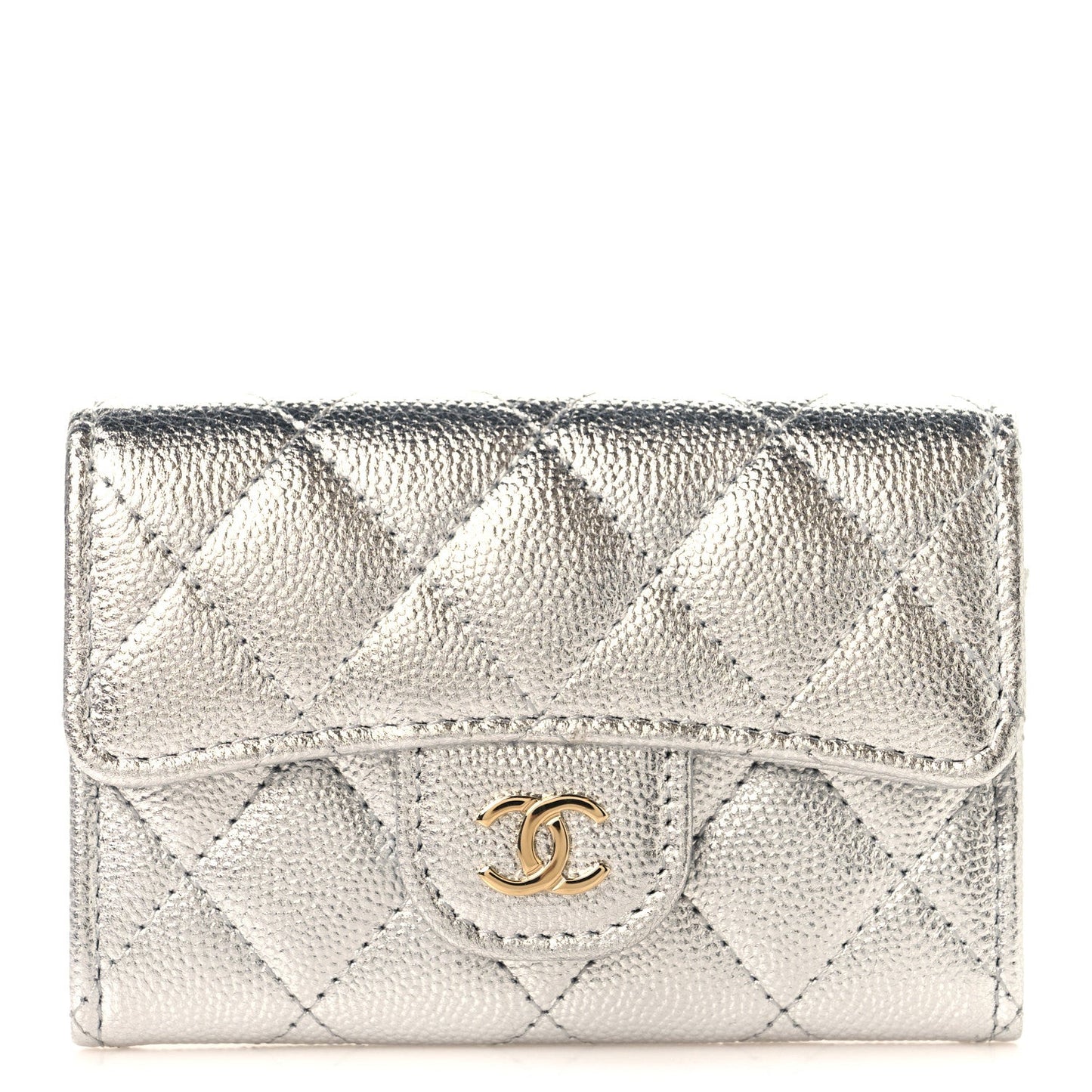 Metallic Caviar Quilted Flap Card Holder Wallet Silvery