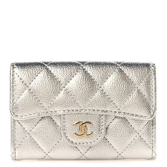 Metallic Caviar Quilted Flap Card Holder Wallet Silvery