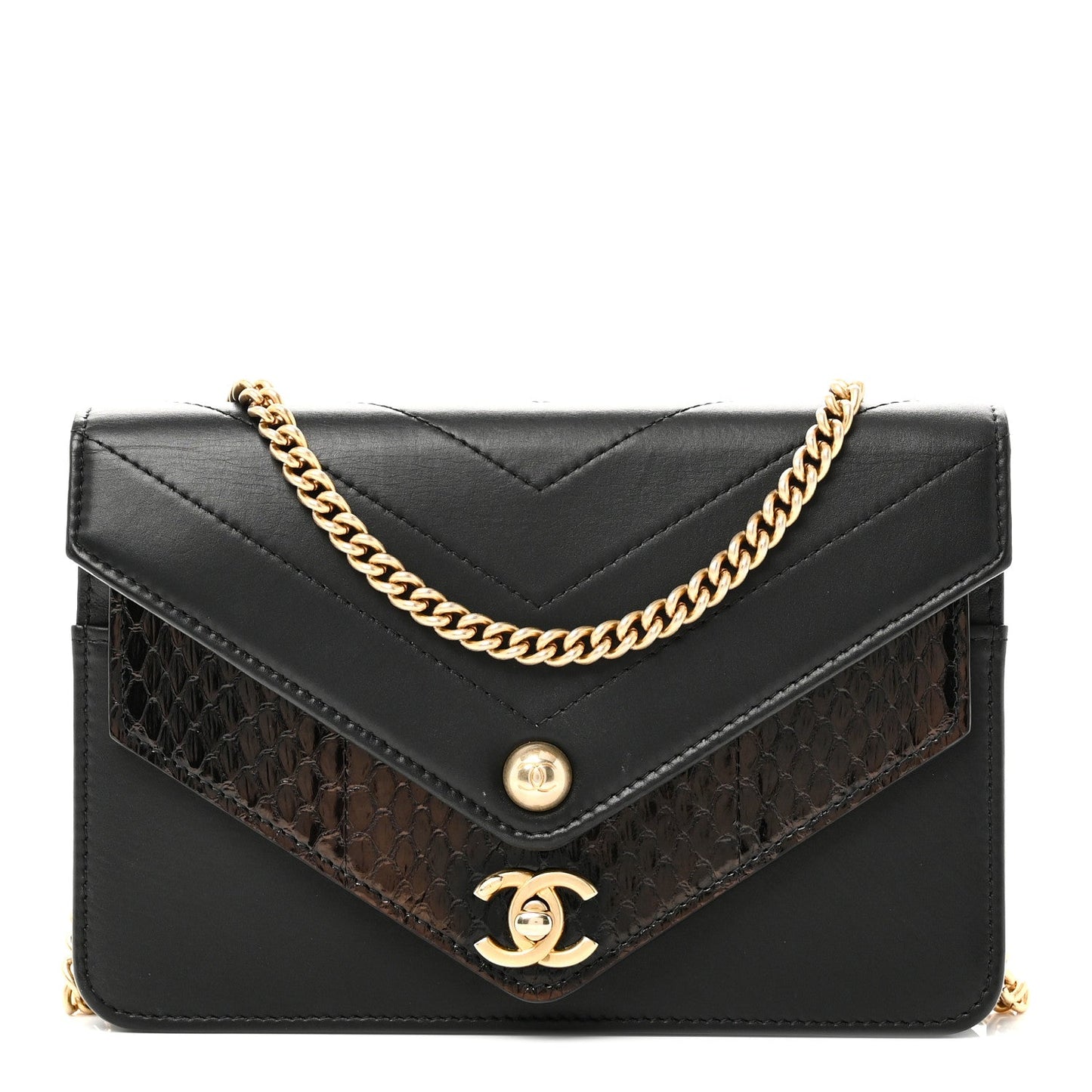 Calfskin Elaphe Double Chevron Mini Wallet On Chain WOC Black Black