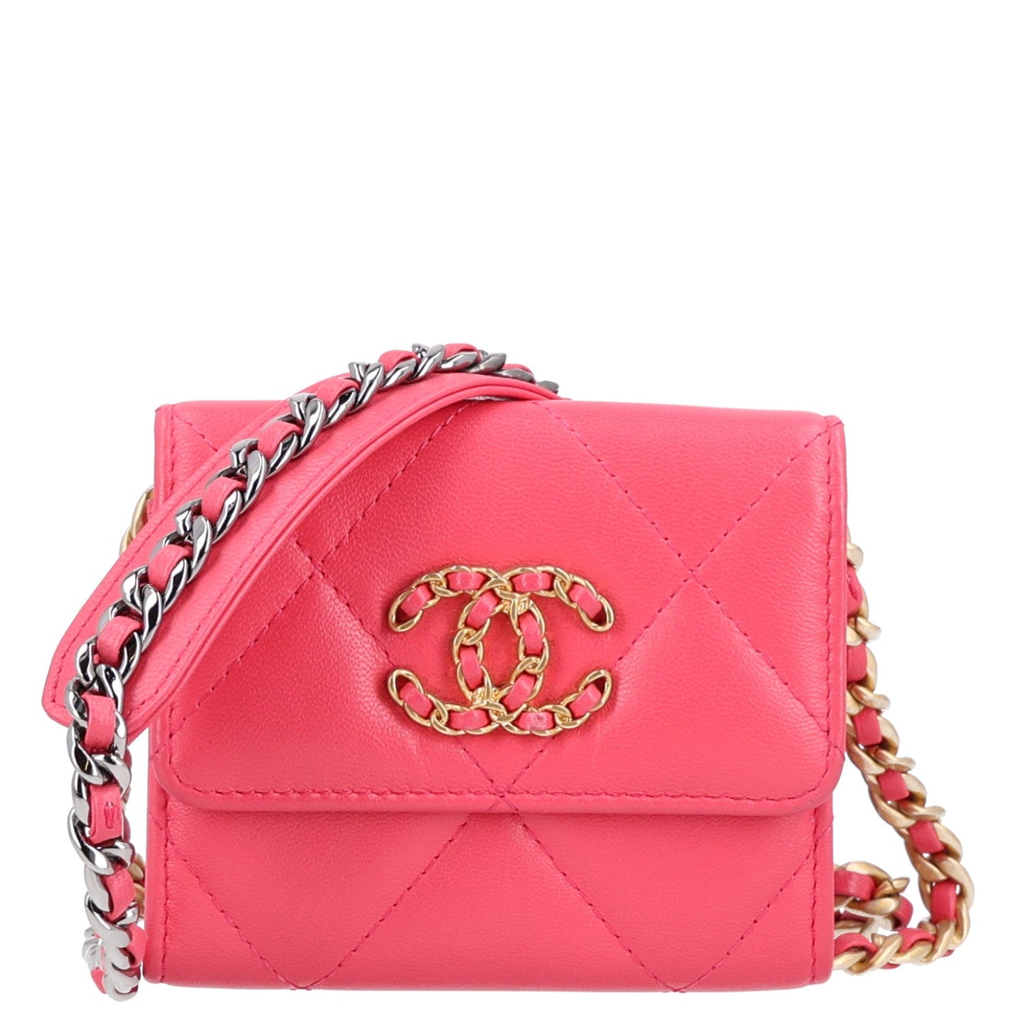 Lambskin Quilted Chanel 19 Flap Coin Purse With Chain Dark Pink