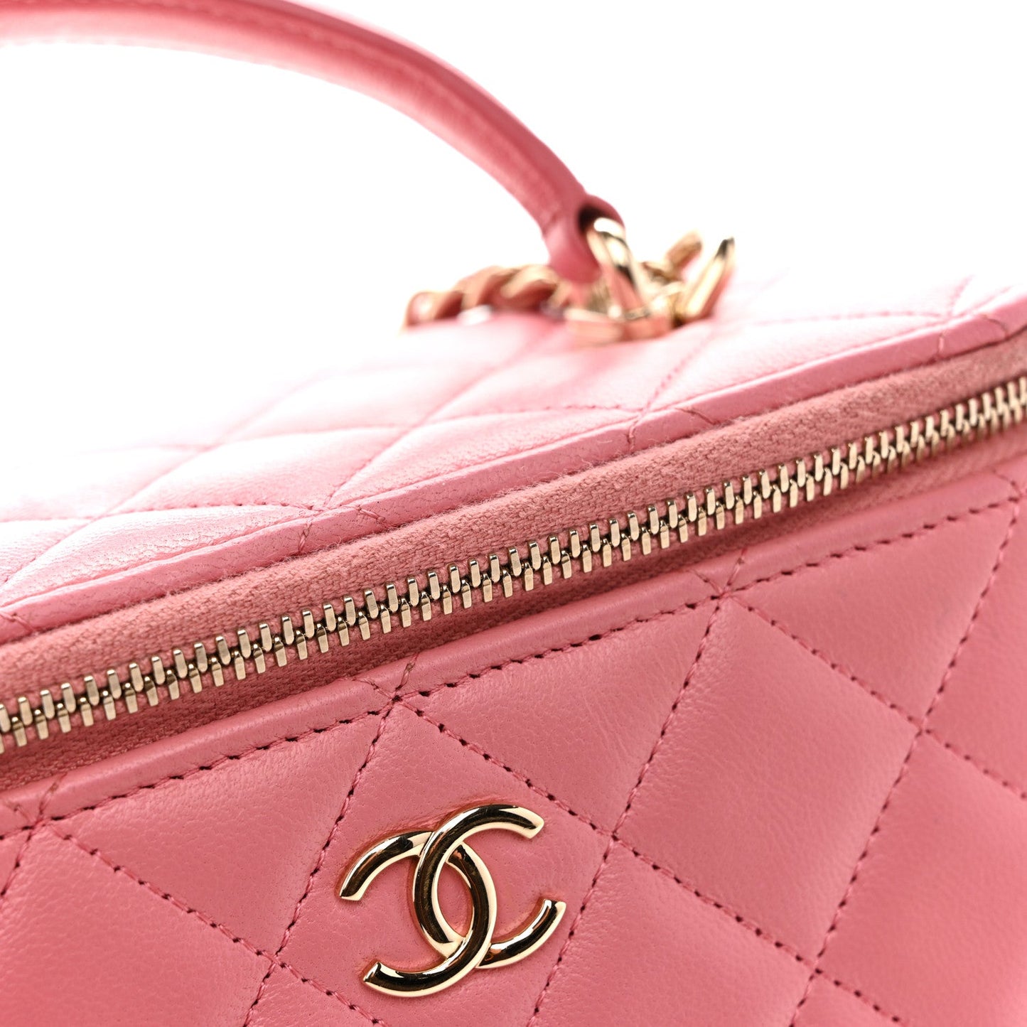 Lambskin Quilted Small Top Handle Vanity Case With Chain Pink