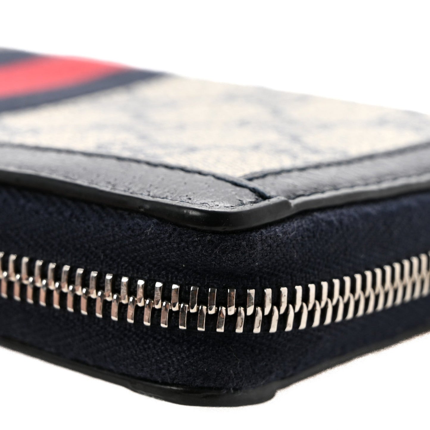 GG Supreme Monogram Textured Dollar Calfskin Web Ophidia Zip Around Wallet Beige Blue