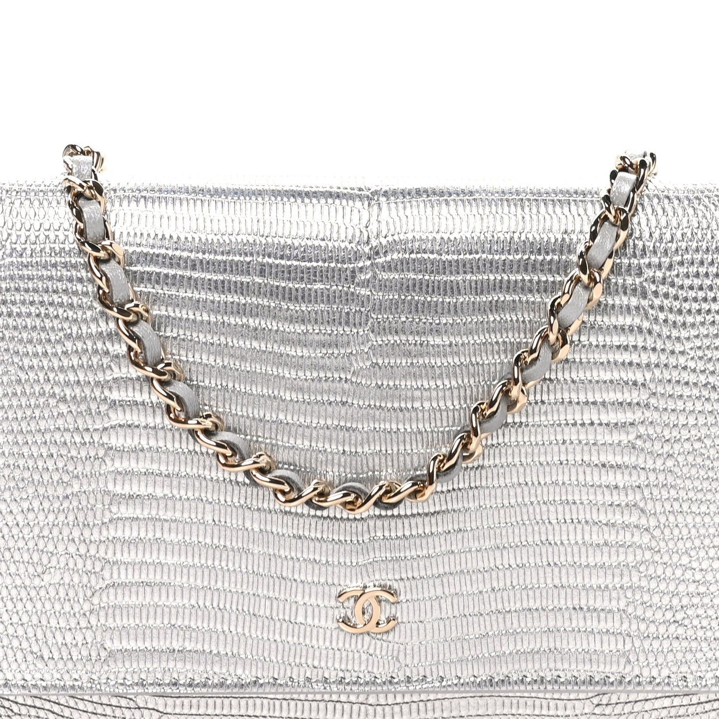 Calfskin Lizard Embossed Wallet on Chain WOC Silver
