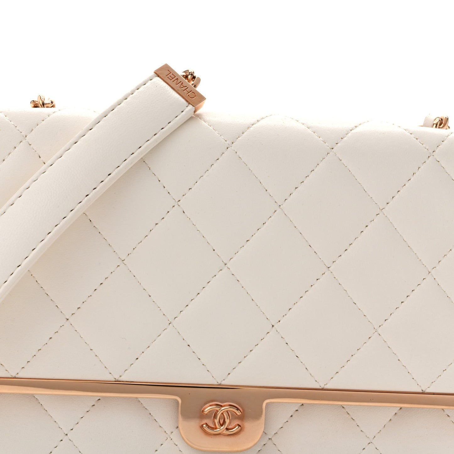 Lambskin Quilted Frame Wallet On Chain WOC White