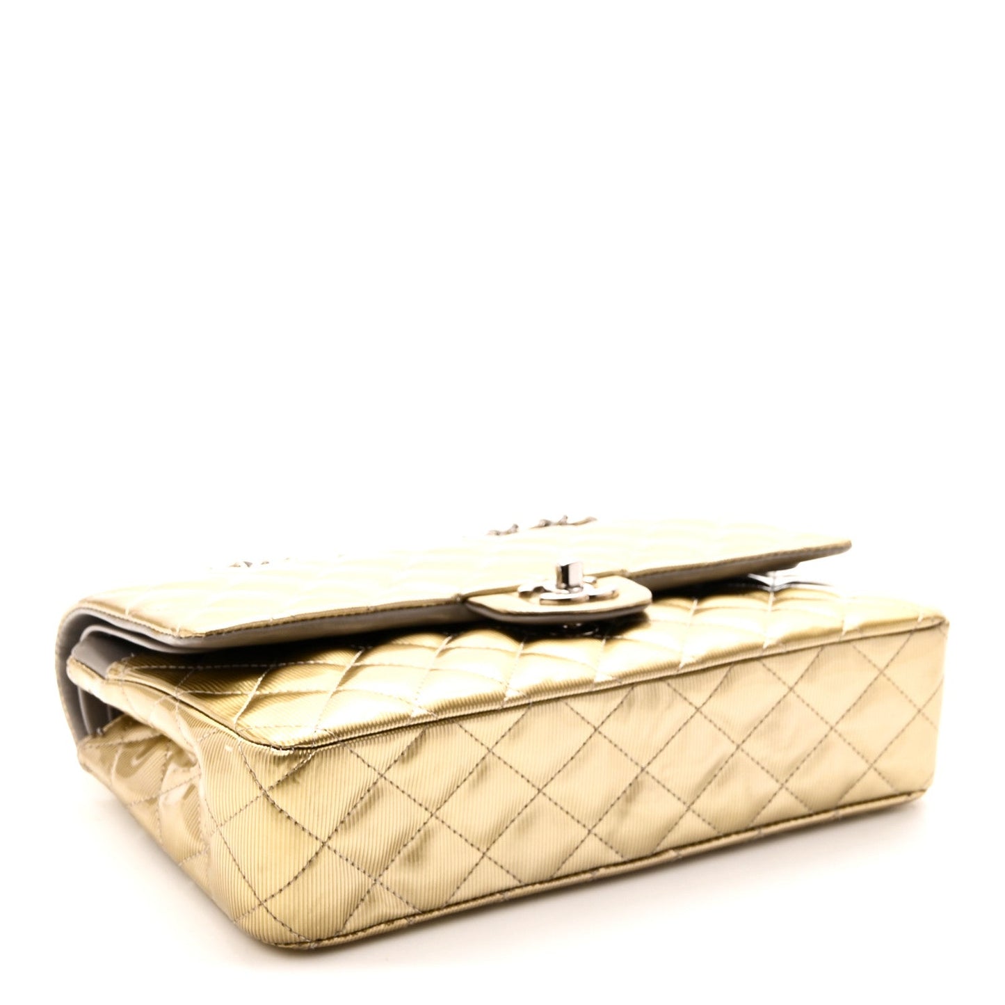 Striated Patent Quilted Medium Double Flap Gold