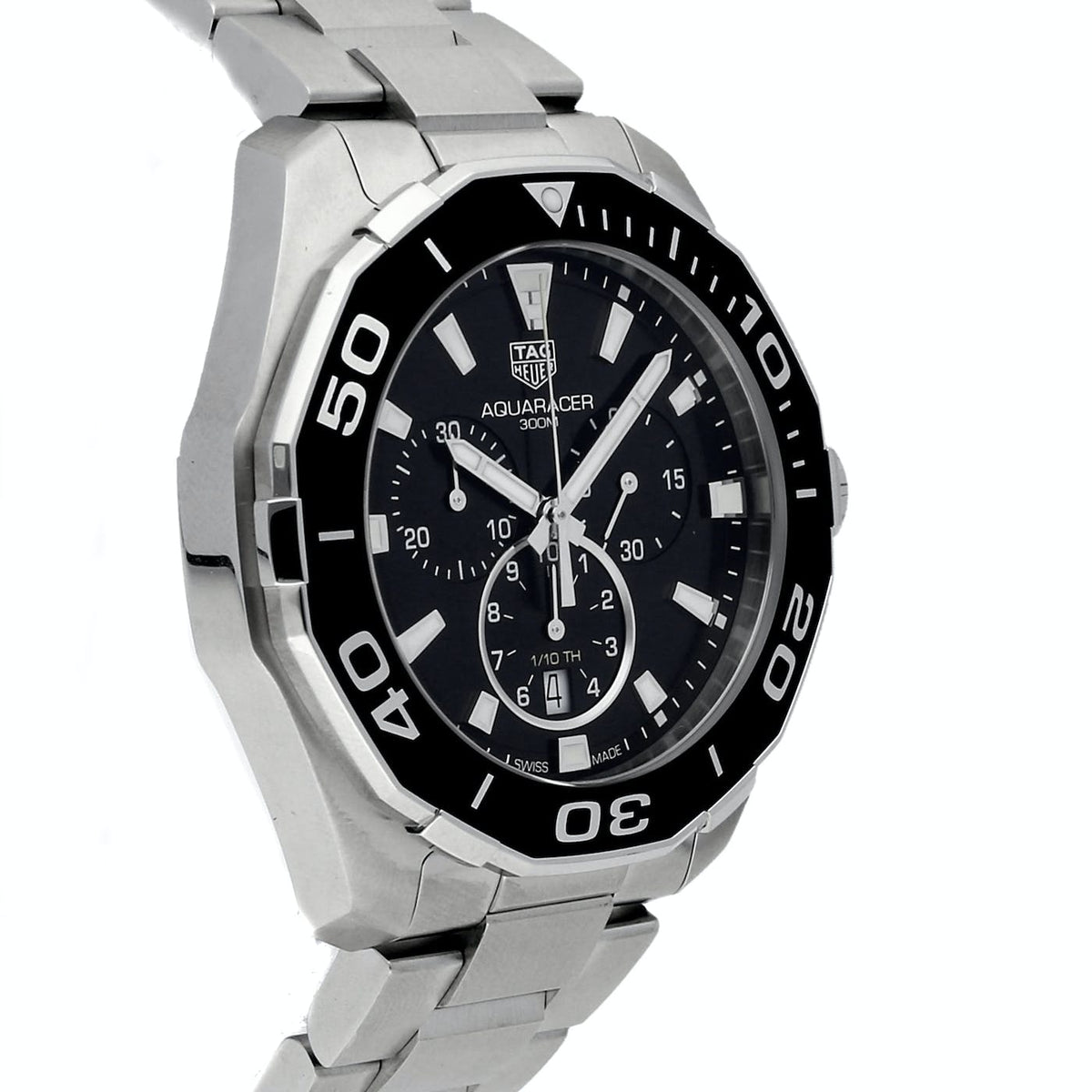 Tag Heuer Aquaracer Quartz Chronograph Black Dial Silver Steel Strap Watch for Men - CAY111A.BA0927