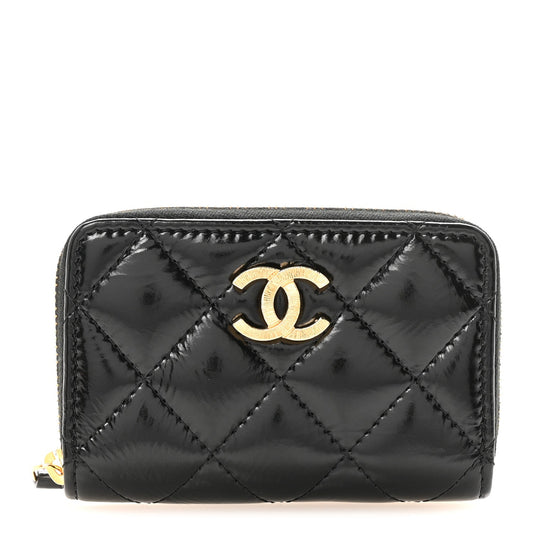 Shiny Lambskin Quilted Textured CC Zip Coin Purse Black