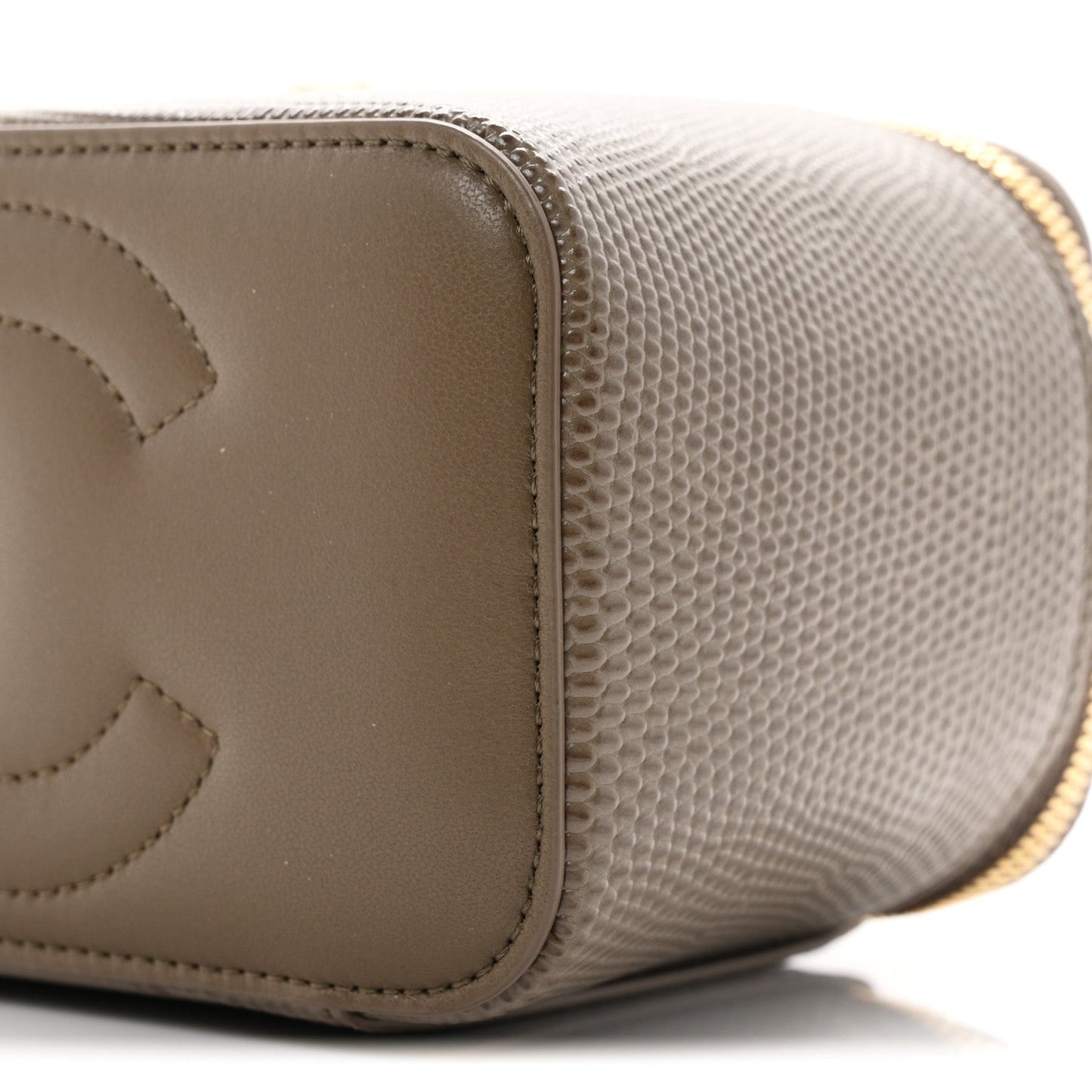 Calfskin Lizard Embossed Top Handle Vanity With Chain Dark Khaki