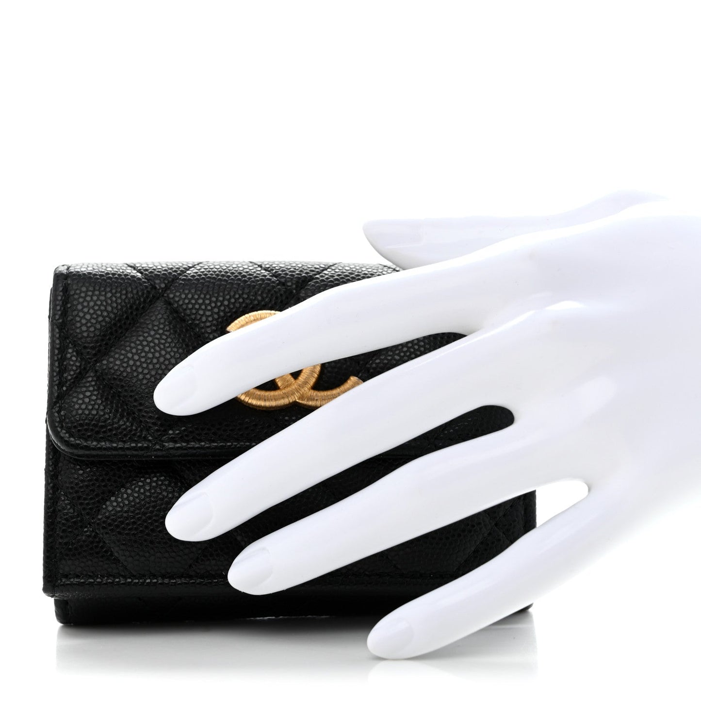 Caviar Quilted Textured CC Tri-Fold Flap Wallet Black